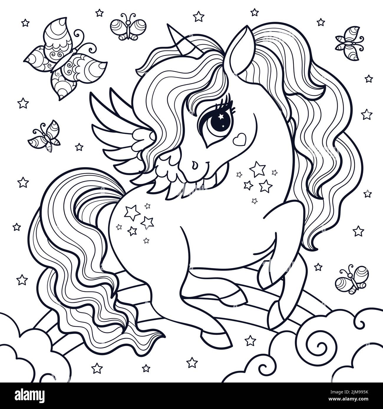 Cute cartoon unicorn with butterflies on the rainbow. Black and white linear drawing. For children's design of coloring books, prints, posters, cards, Stock Vector