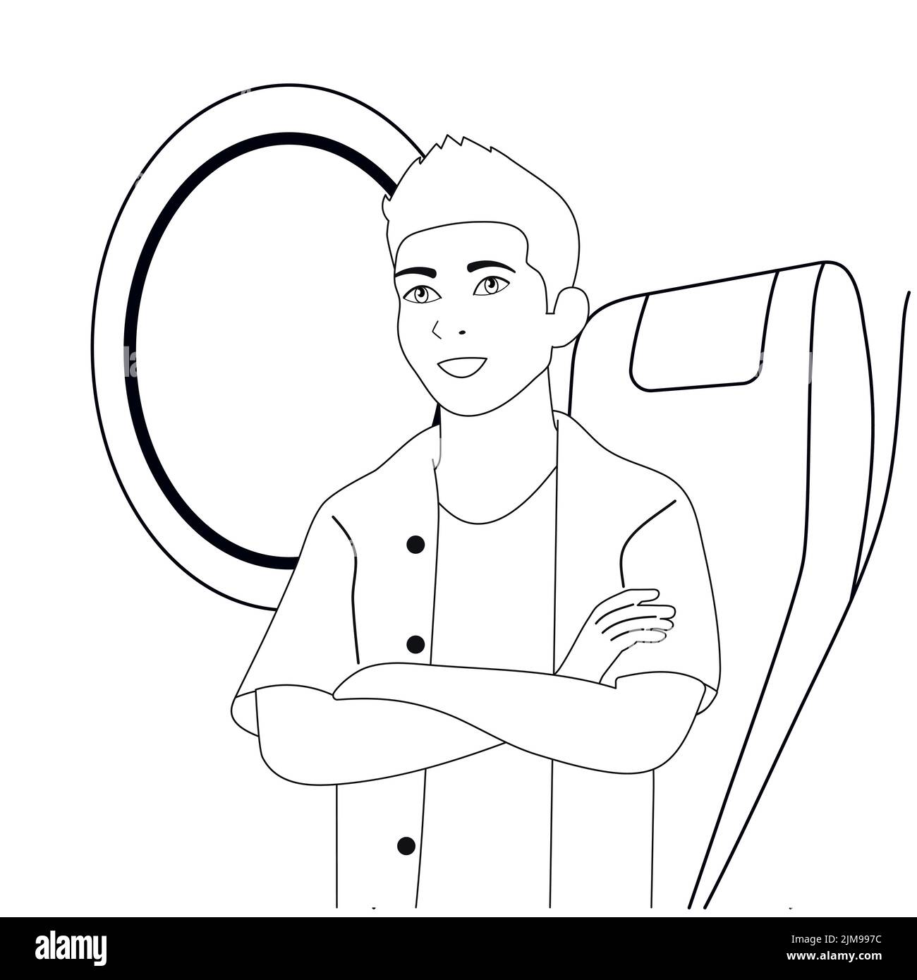 Black and white people travel by plane. Seats and porthole, joy and relaxation. Vector Stock Vector