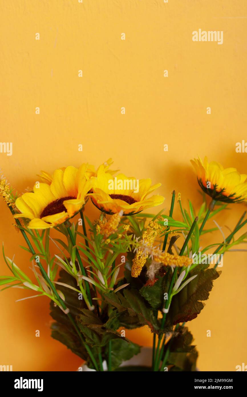sunflowers in a vase on a isolated yellow background Stock Photo - Alamy