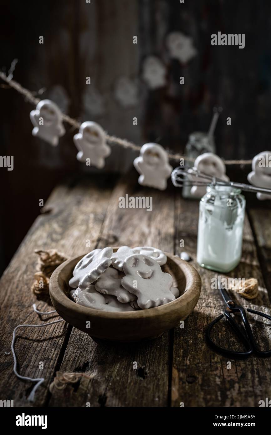 Halloween cookie.Cookies coated with icing.Delicious food and drink.Breakfast with milk. Stock Photo