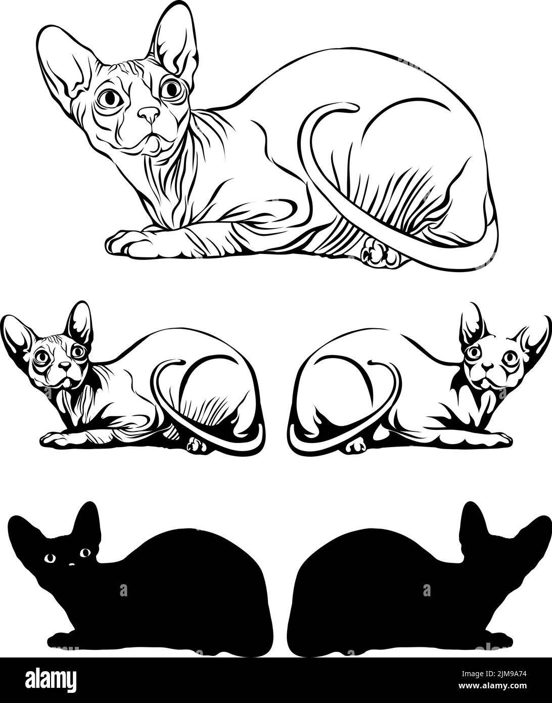 image of a cat, picture of  lying sphinx cat, illustration, set, white, black, isolated, simple, icon, art, symbol, graphic, drawing Stock Vector
