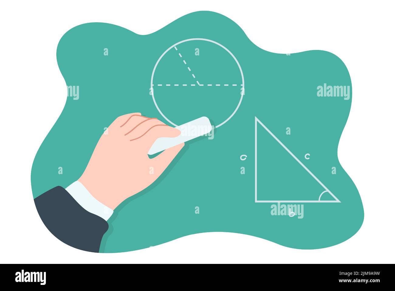 Hand with chalk drawing circle on board flat vector illustration. Student or pupil handling geometry tasks on chalkboard, tracing triangle. Education, Stock Vector