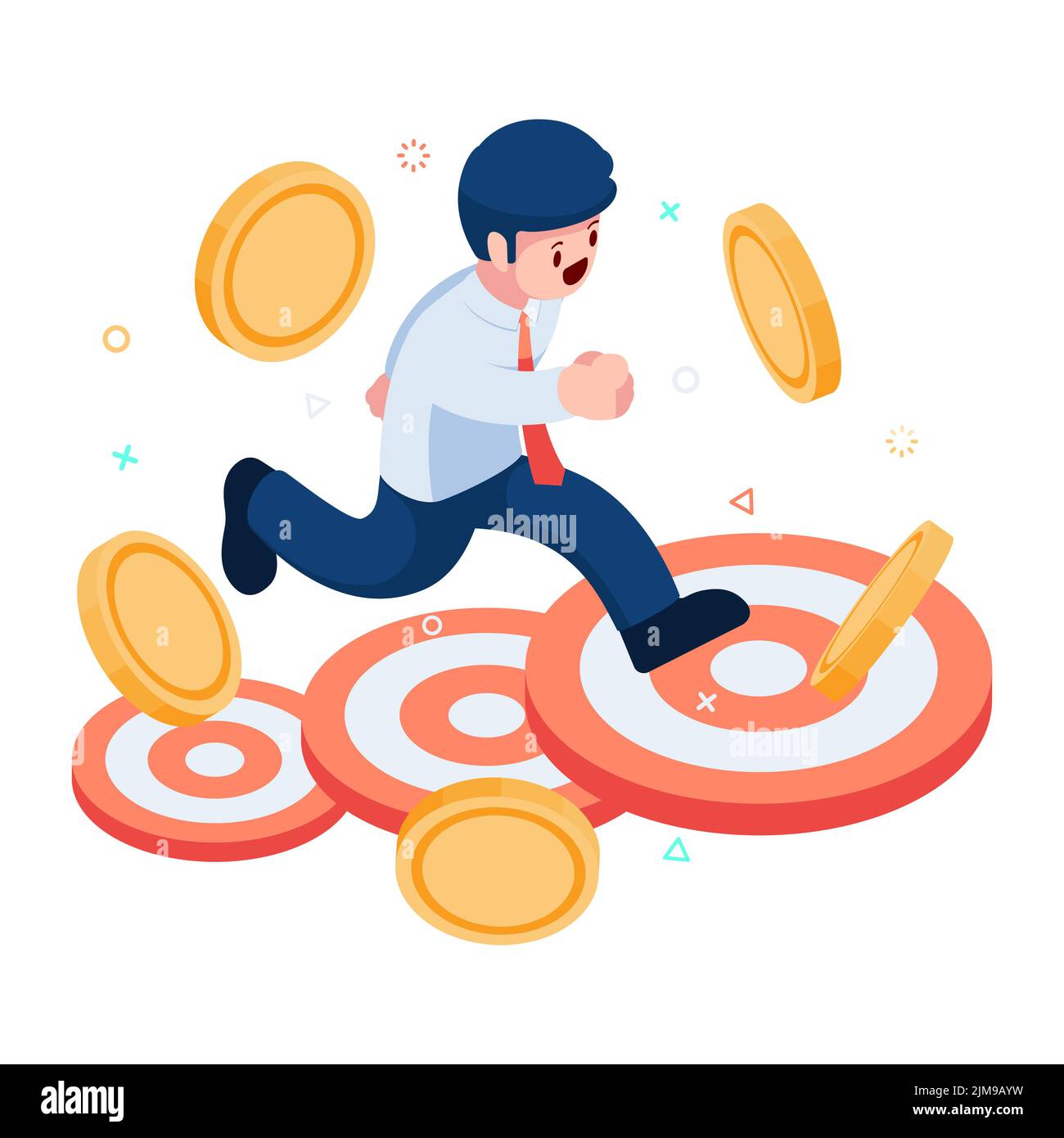 Flat 3d Isometric Businessman Jumping to The Higher Target. Business Success and Target Achievement Concept. Stock Vector