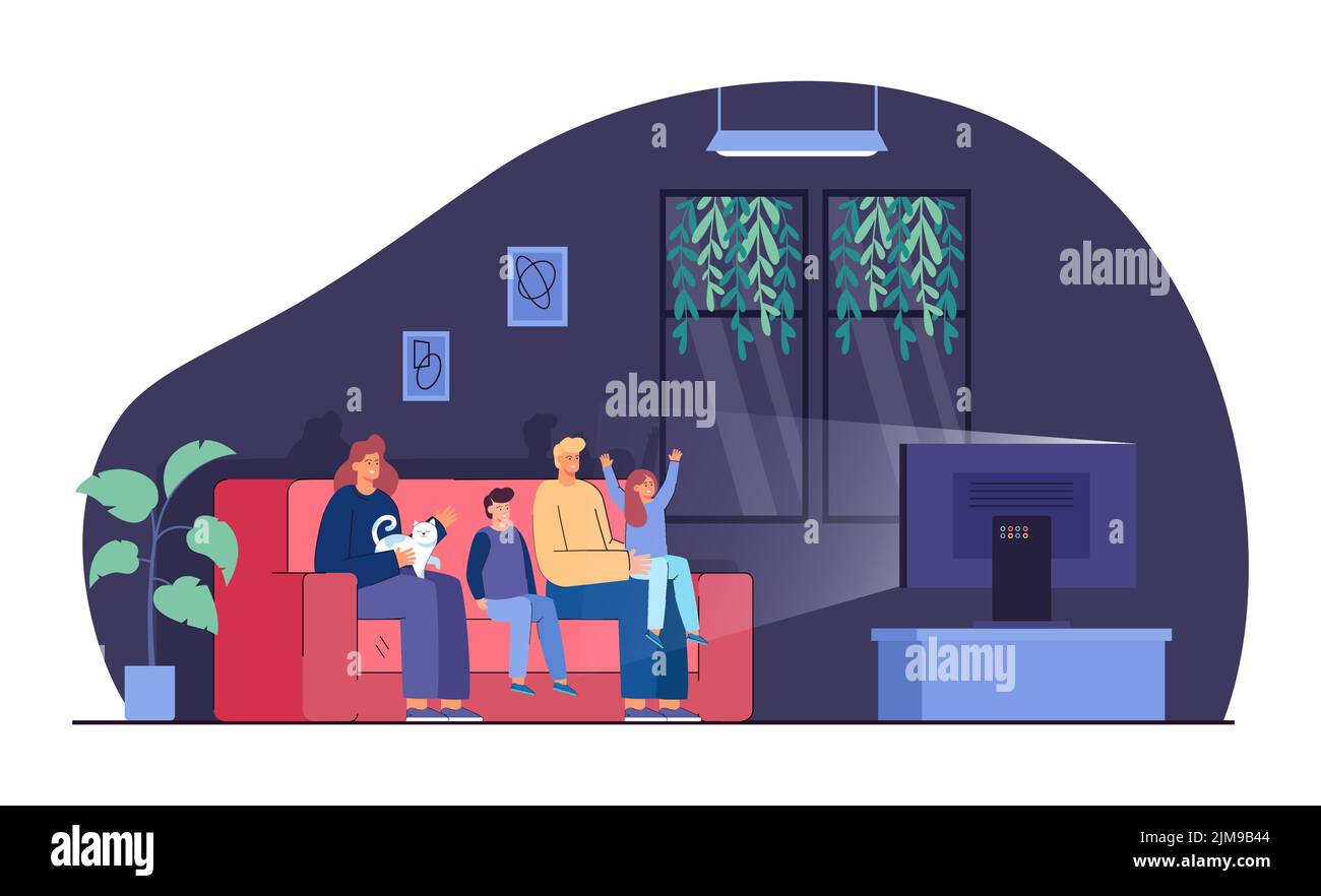 Happy family watching TV at night flat vector illustration. Mother, father, kids and cat sitting on sofa in living room. Watching television or movie, Stock Vector