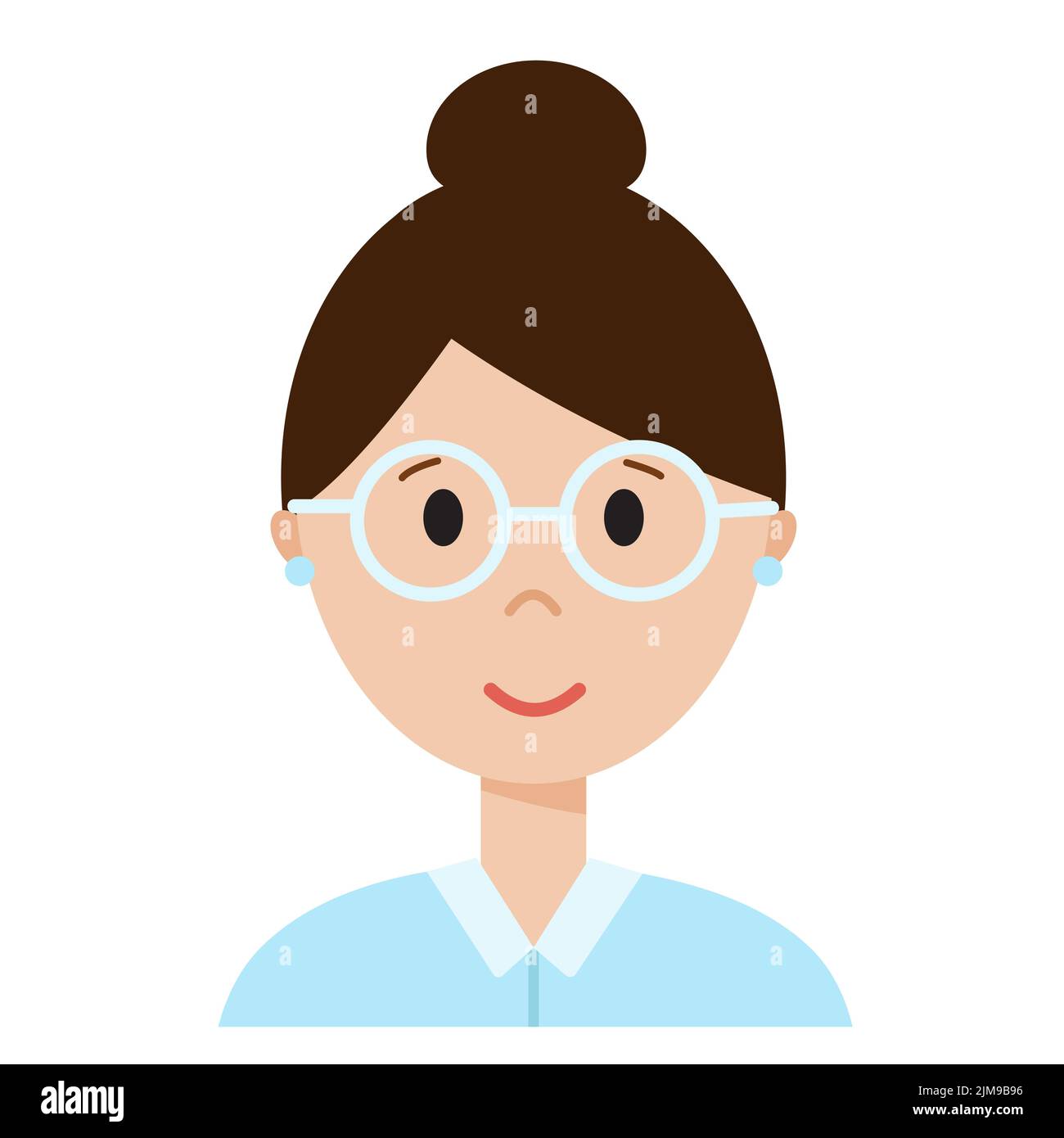 Funny cartoon woman face, cute avatar or portrait. Girl with dark hair. Young character for web in flat style. Print for sticker, emoji, icon Stock Vector