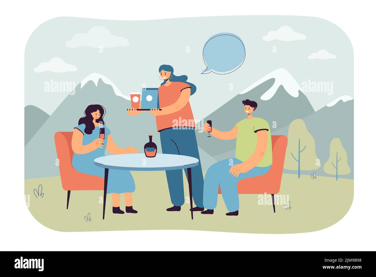 Couple visiting outdoor cafe flat vector illustration. Waiter serving man and woman, bringing food in background of mountain. Date, love concept for b Stock Vector