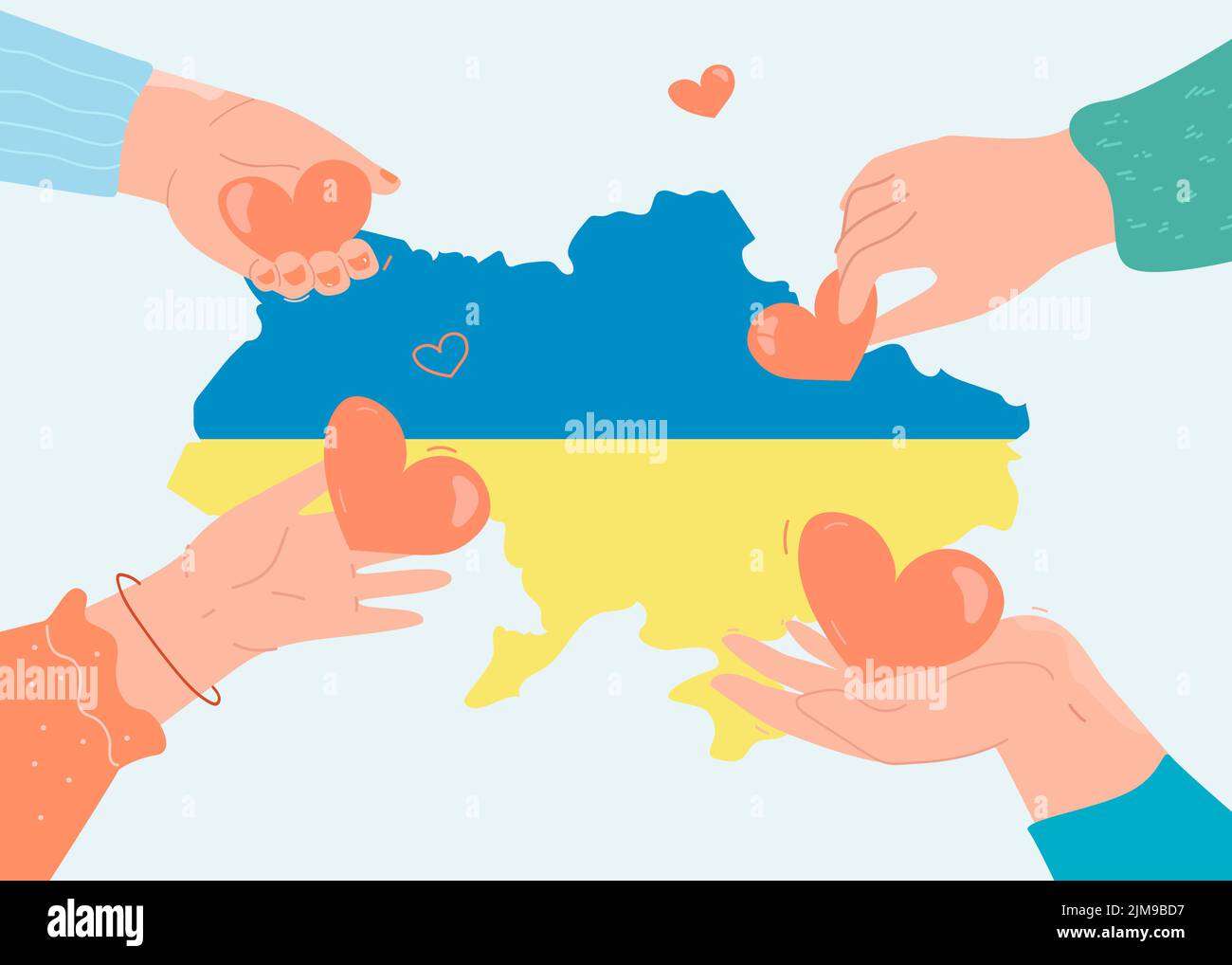 Human hands giving hearts to map of Ukraine. Fundraising by people for refugees, help of Ukrainian army flat vector illustration. Charity concept for Stock Vector