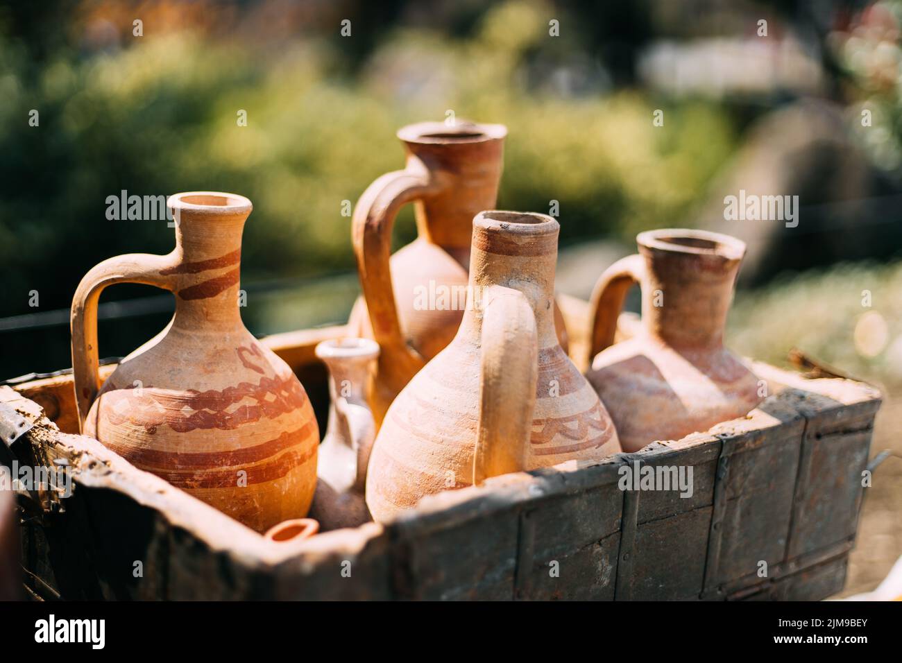 Set Of Traditional Georgian Clay Wine Jugs. Oriental Handmade Clay Jugs For Wine. Georgian Traditional Clay Vessel For Wine Stock Photo