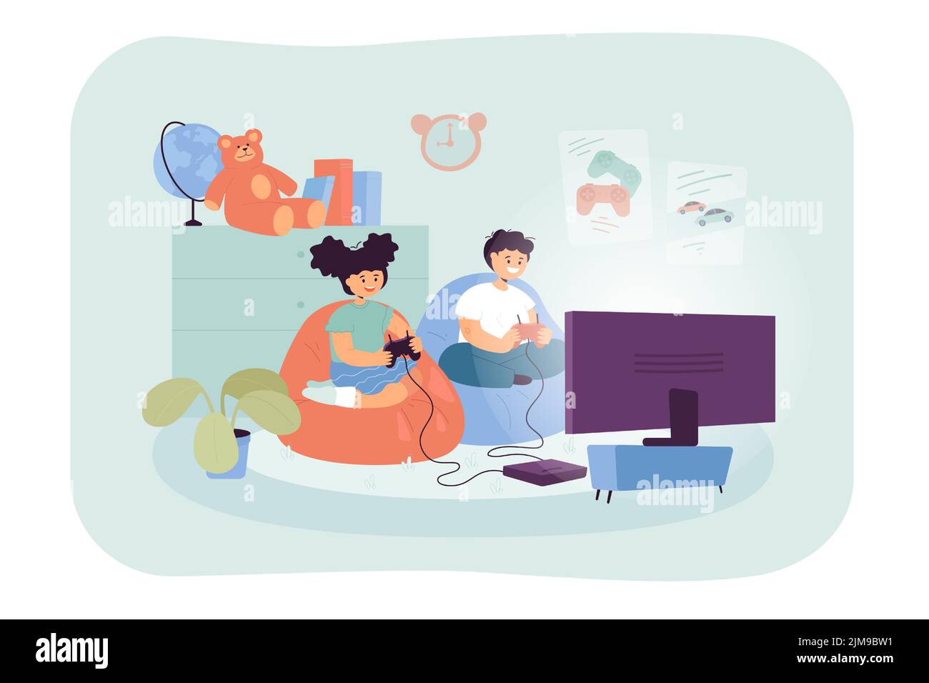 Little kids playing videogames on TV together. Room interior with