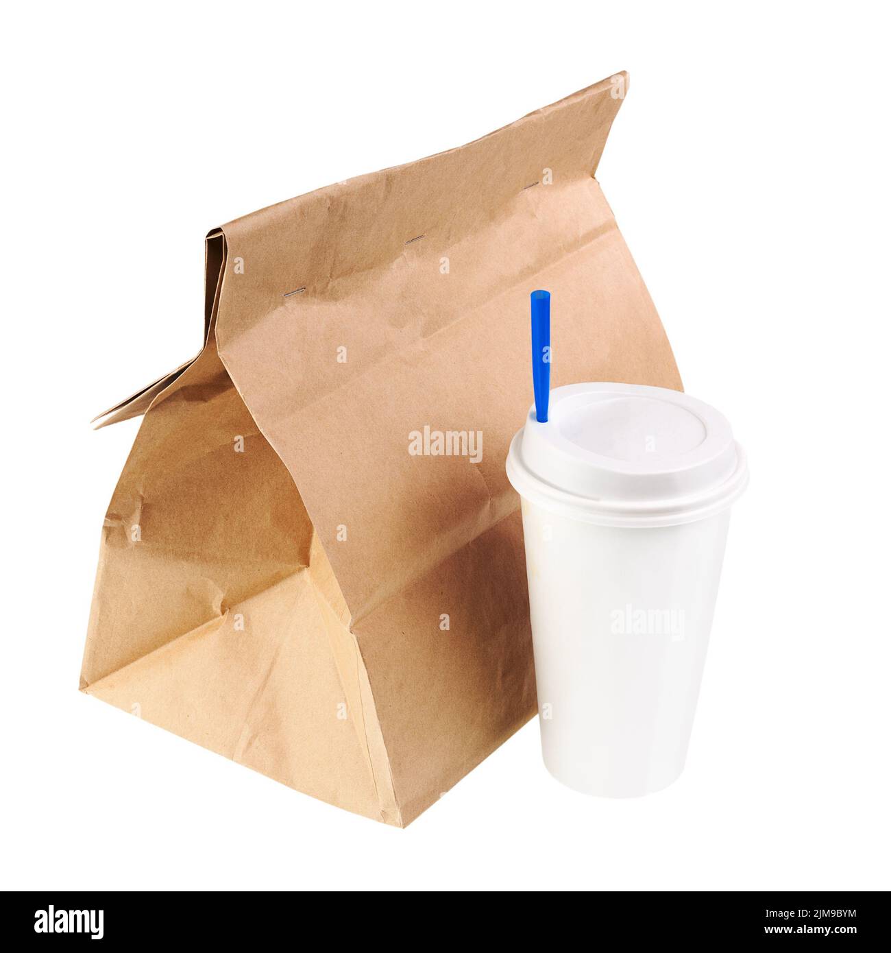 Recycle paper bag and cup of coffee or tea isolated on white background