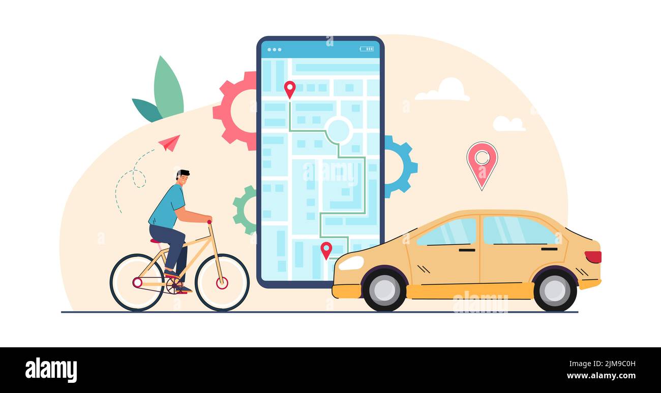 Man on bike tracking route on screen of smartphone. Person using mobile