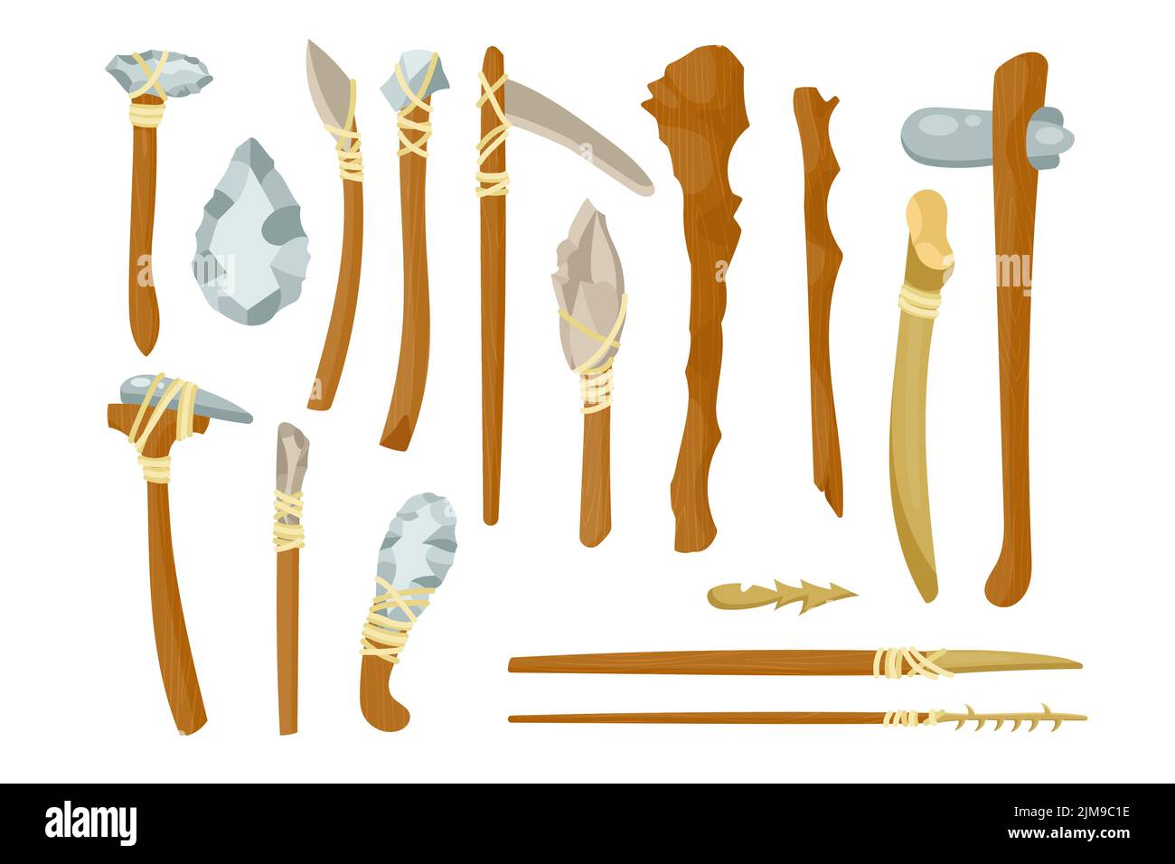 Ancient tools from bones and stones vector illustrations set. Primitive weapons of prehistoric