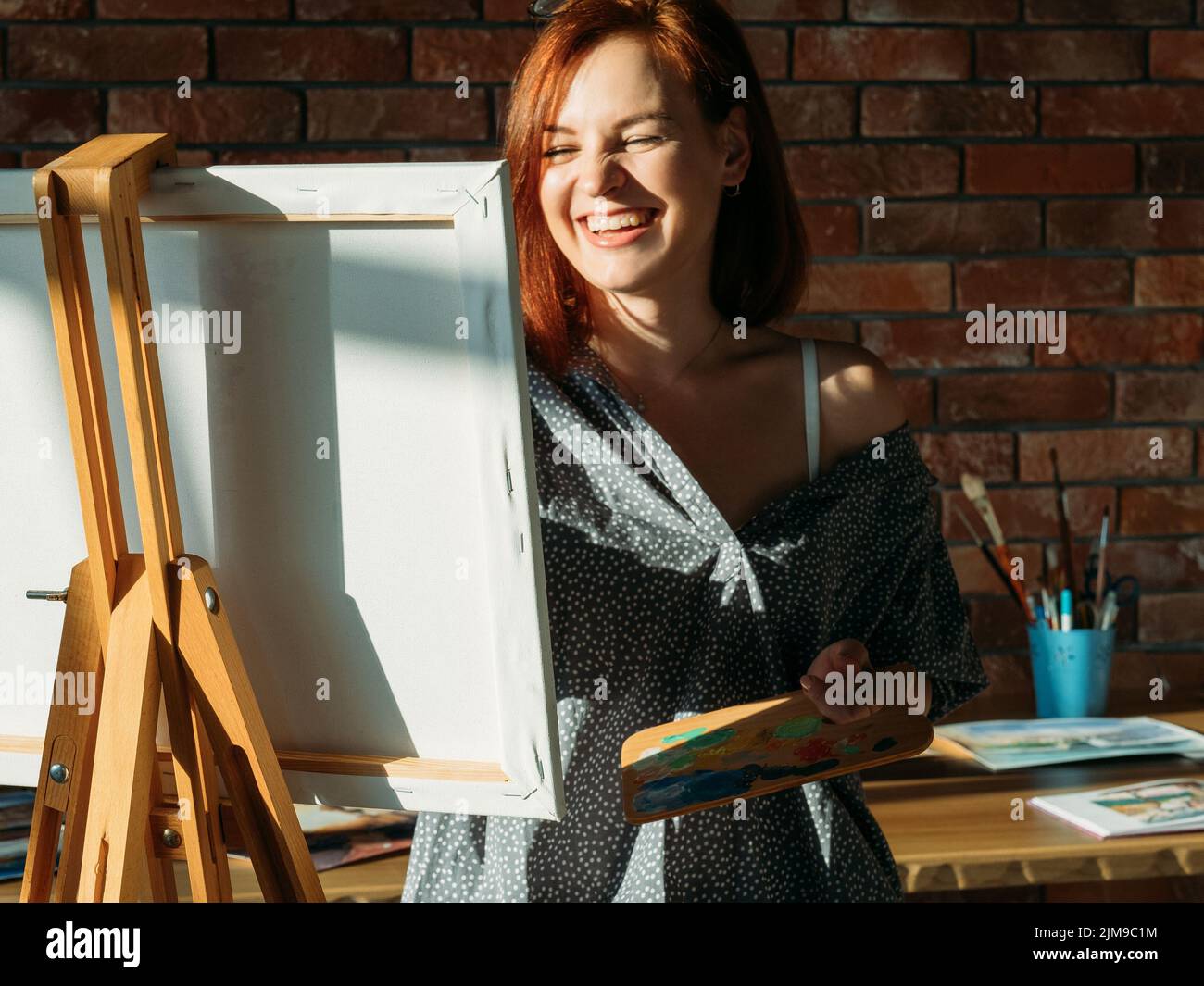 artist painting studio workspace easel palette Stock Photo Alamy