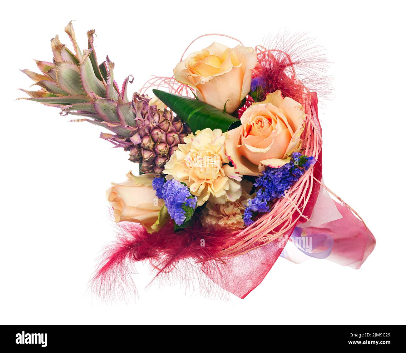 Beautiful bouquet of roses, carnations, decorative pineapple and other flowers. Stock Photo