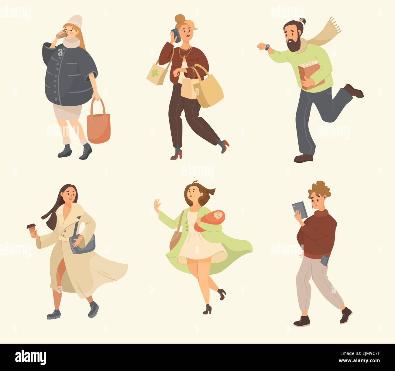 Busy people in hurry cartoon illustration set. Man and women rushing to work, student in headphones with phone going to university, mother with newbor Stock Vector