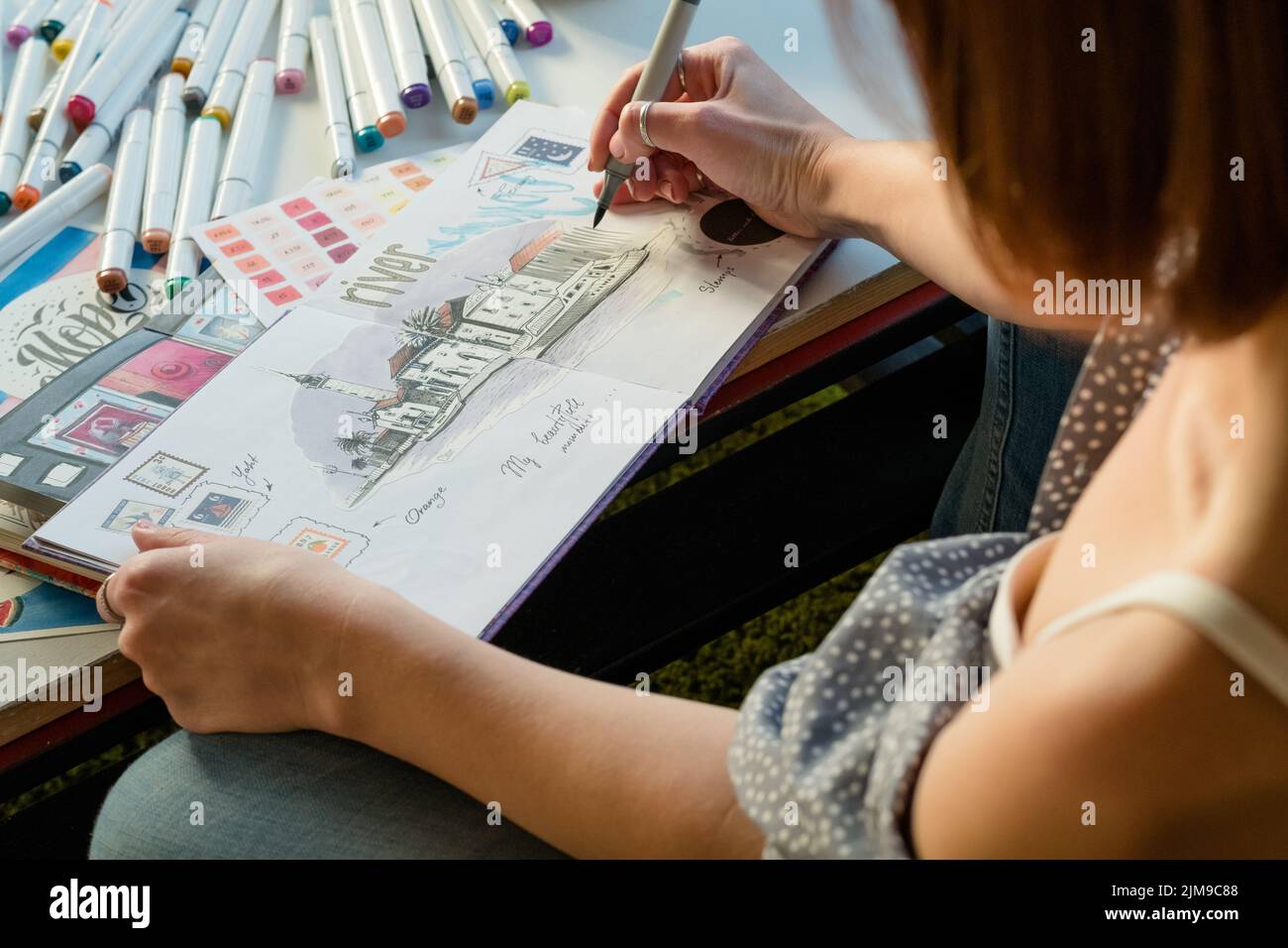 artist sketching workplace inspiration woman draw Stock Photo