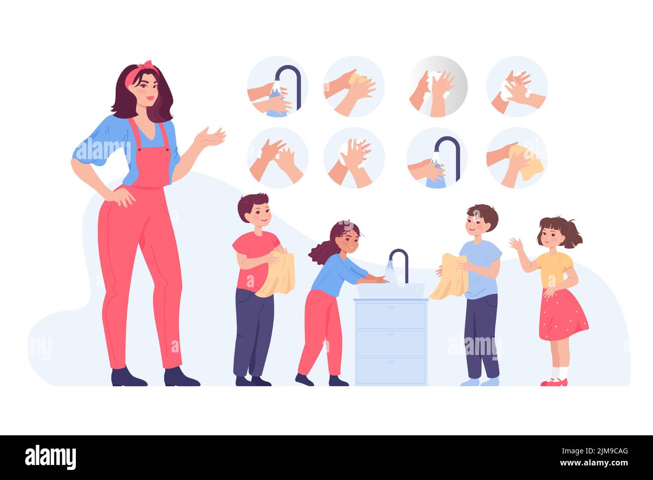 Children washing hands together flat vector illustration. Woman teaching kids how to wash hands proper. Steps of cleaning hands in circles to get rid Stock Vector