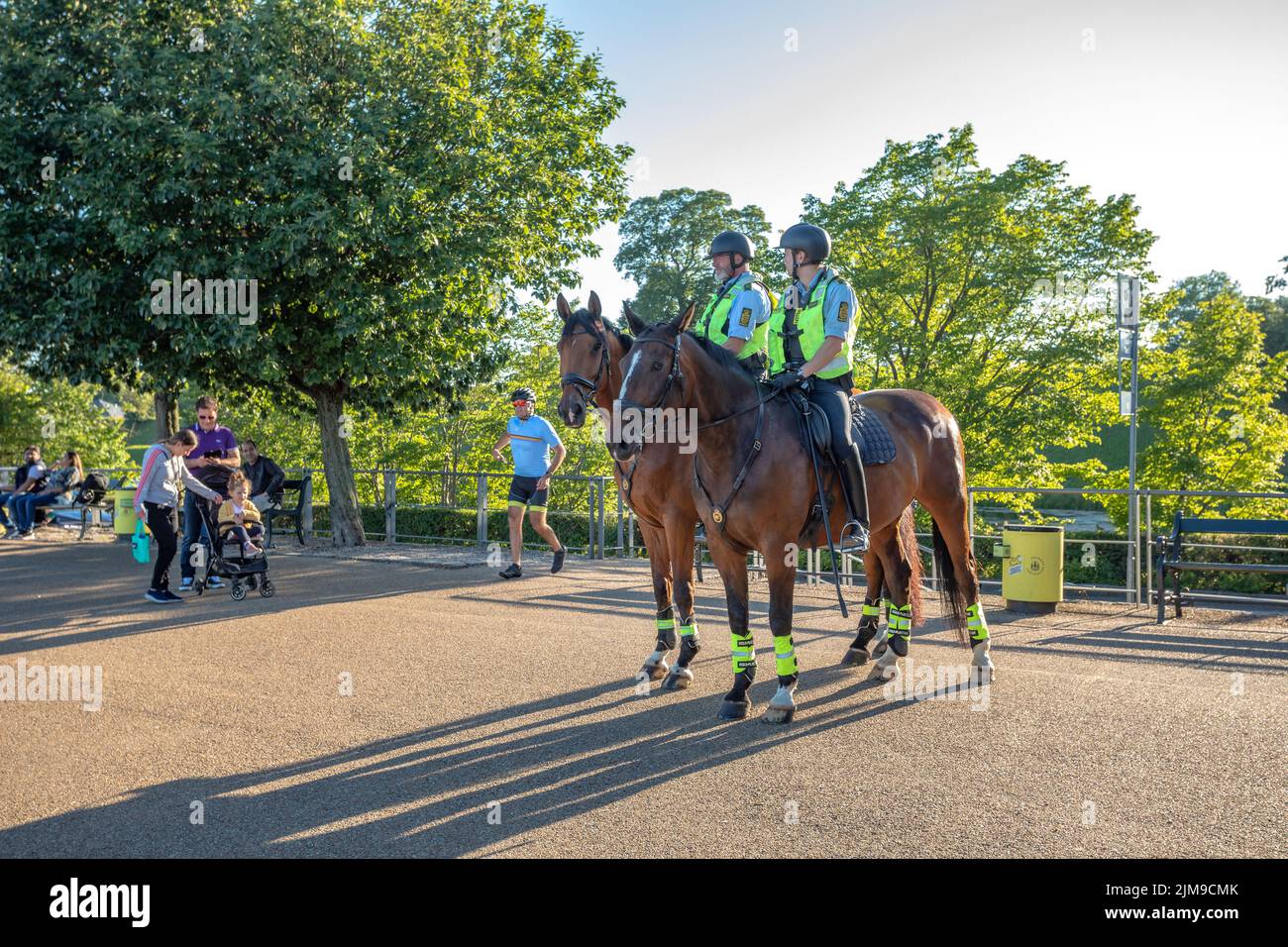 Politi or Police officers on horseback in Langelinie park in Copenhagen Stock Photo