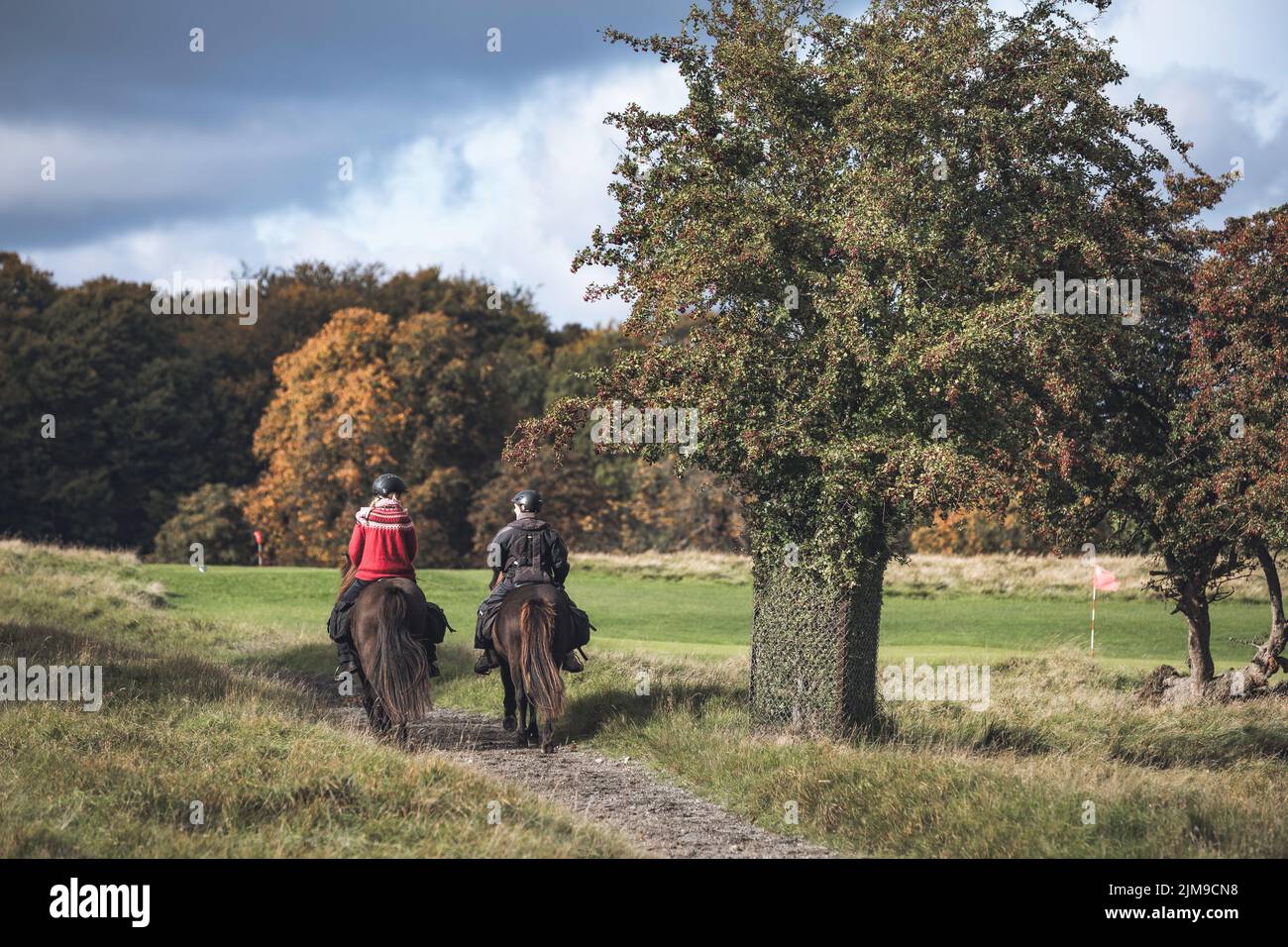 Two girls riding horses together in the Dyrehaven park, Jægersborg Dyrehave, Denmark Stock Photo