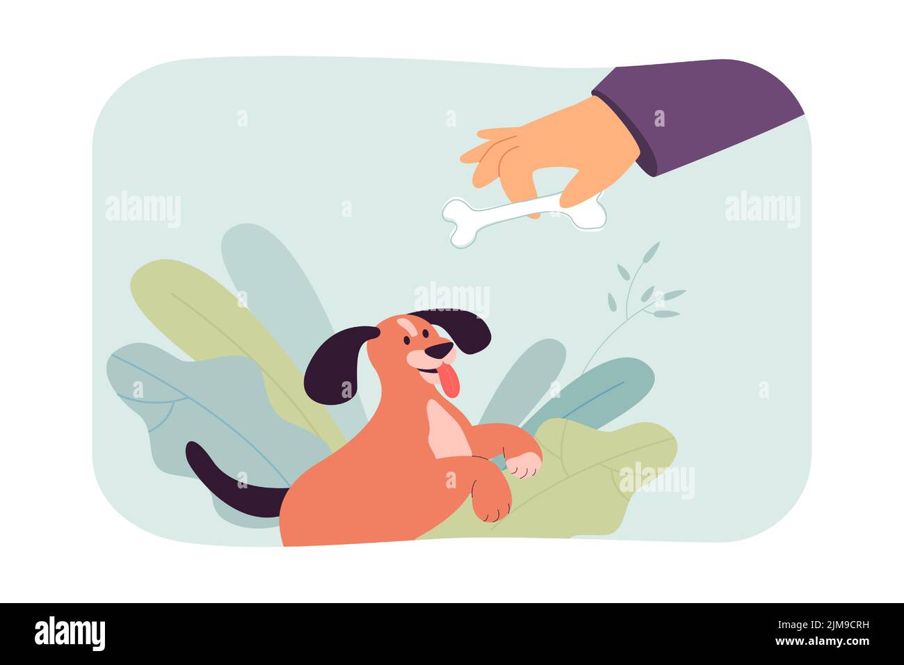 Person giving bone to dog flat vector illustration. Owner feeding happy pet, taking care of health. Food, friendship, domestic animal concept for bann Stock Vector