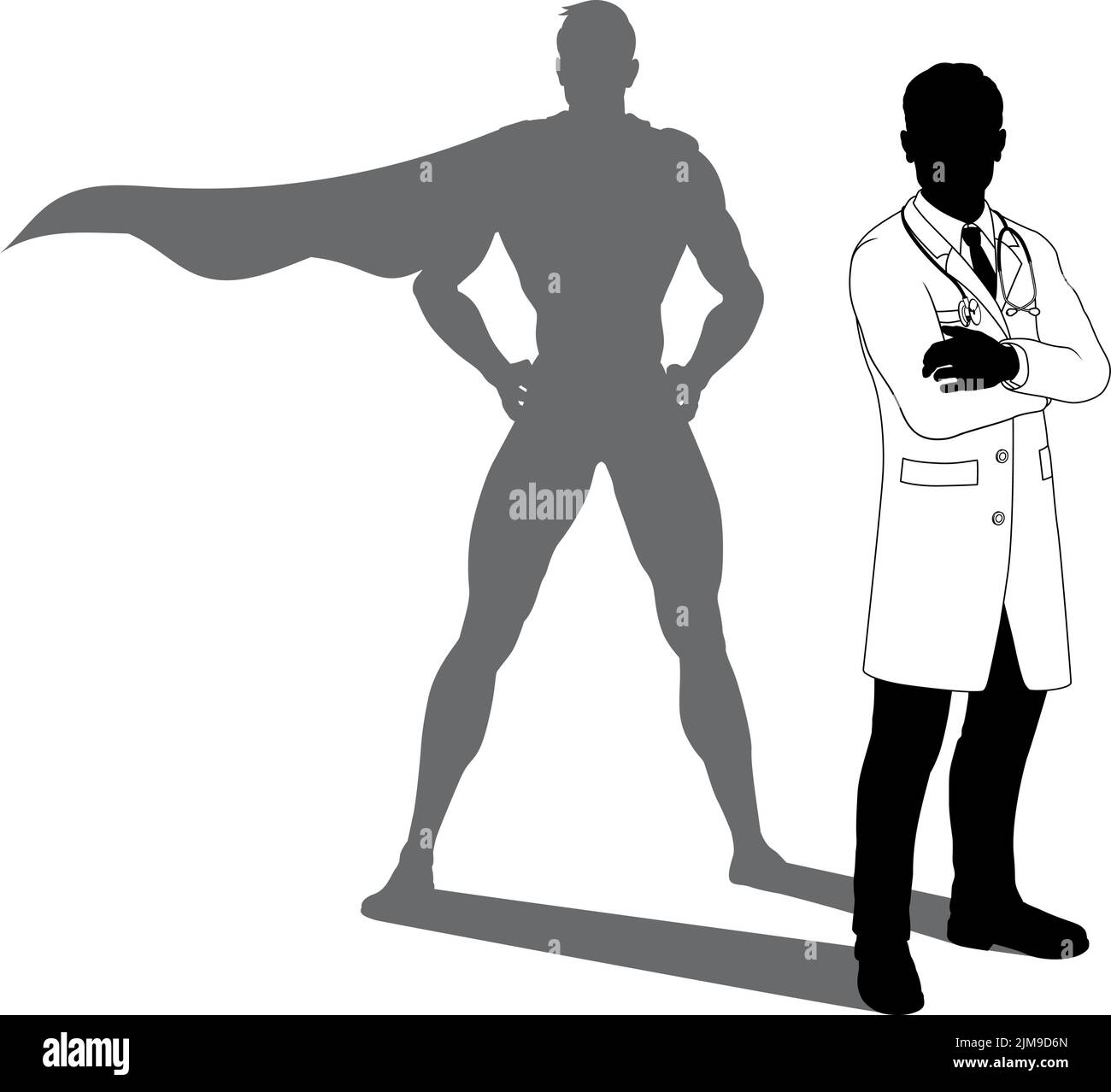 A superhero medical doctor man health care worker revealed by his shadow silhouette as a super hero in a cape. Stock Vector
