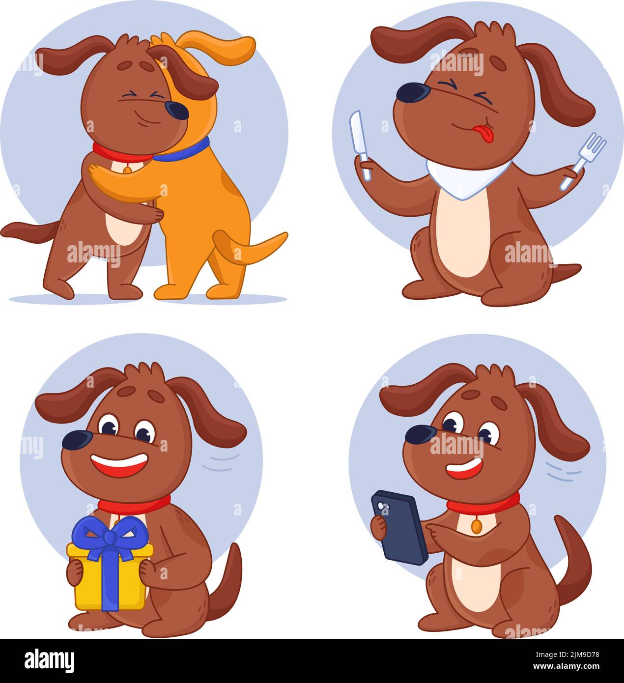 Cute cartoon dog hugging friend, eating, receiving present, using