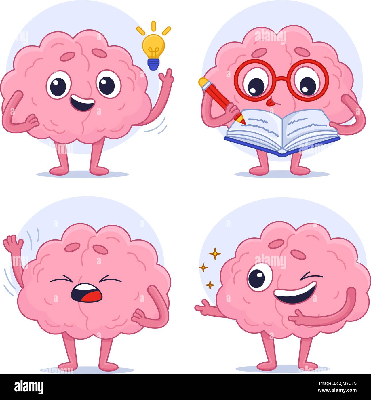Collection of cartoon brain characters having creative idea, studying and reading book Stock Vector