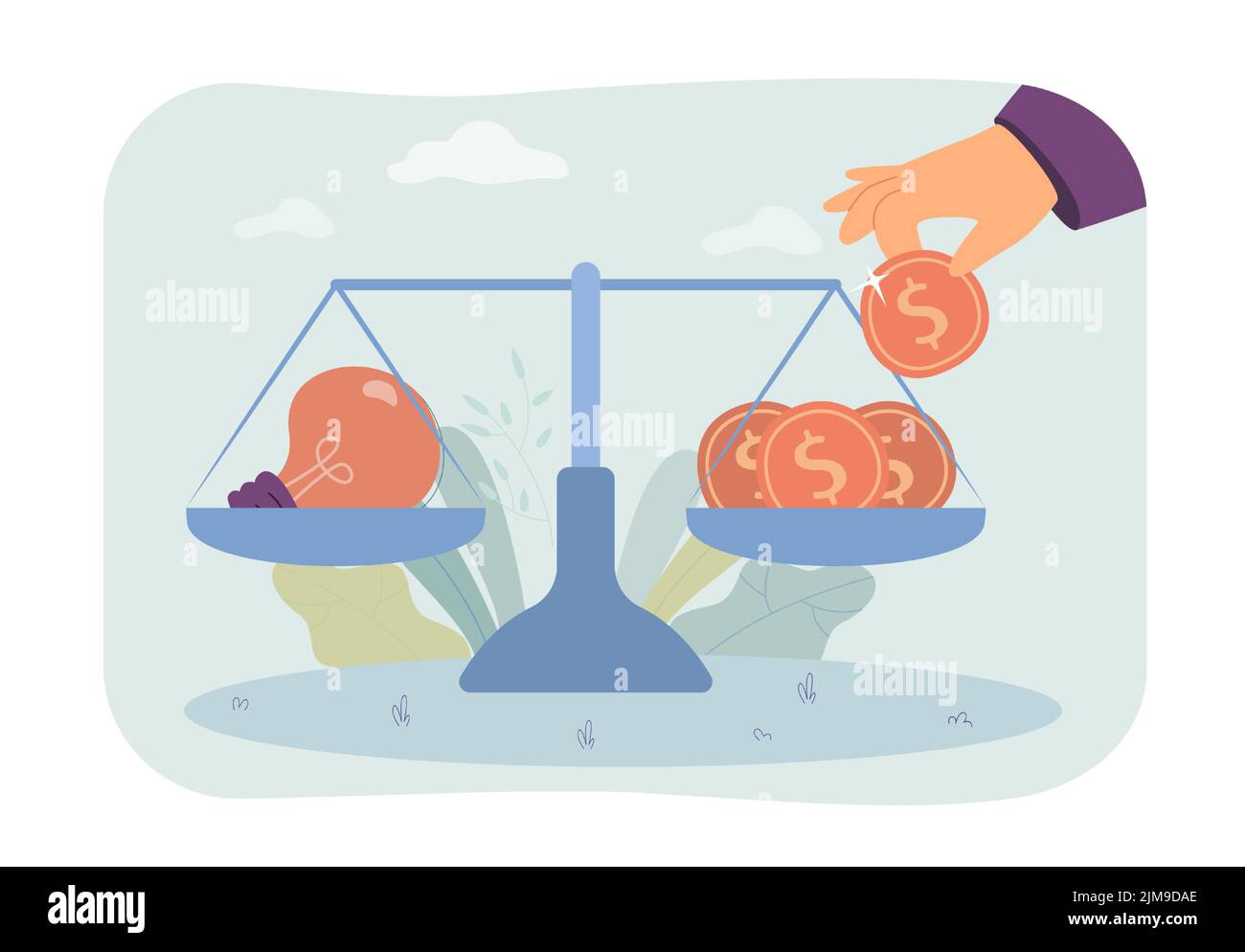 Coins and lightbulb on scales flat vector illustration. Evaluating