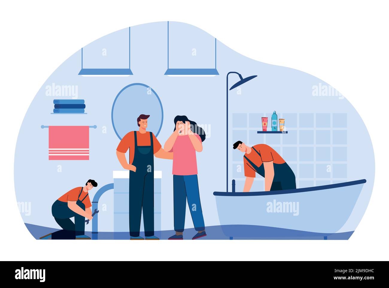 Frustrated female person and team of plumbers in bathroom. Maintenance workers helping woman with plumbing flat vector illustration. Repair service co Stock Vector