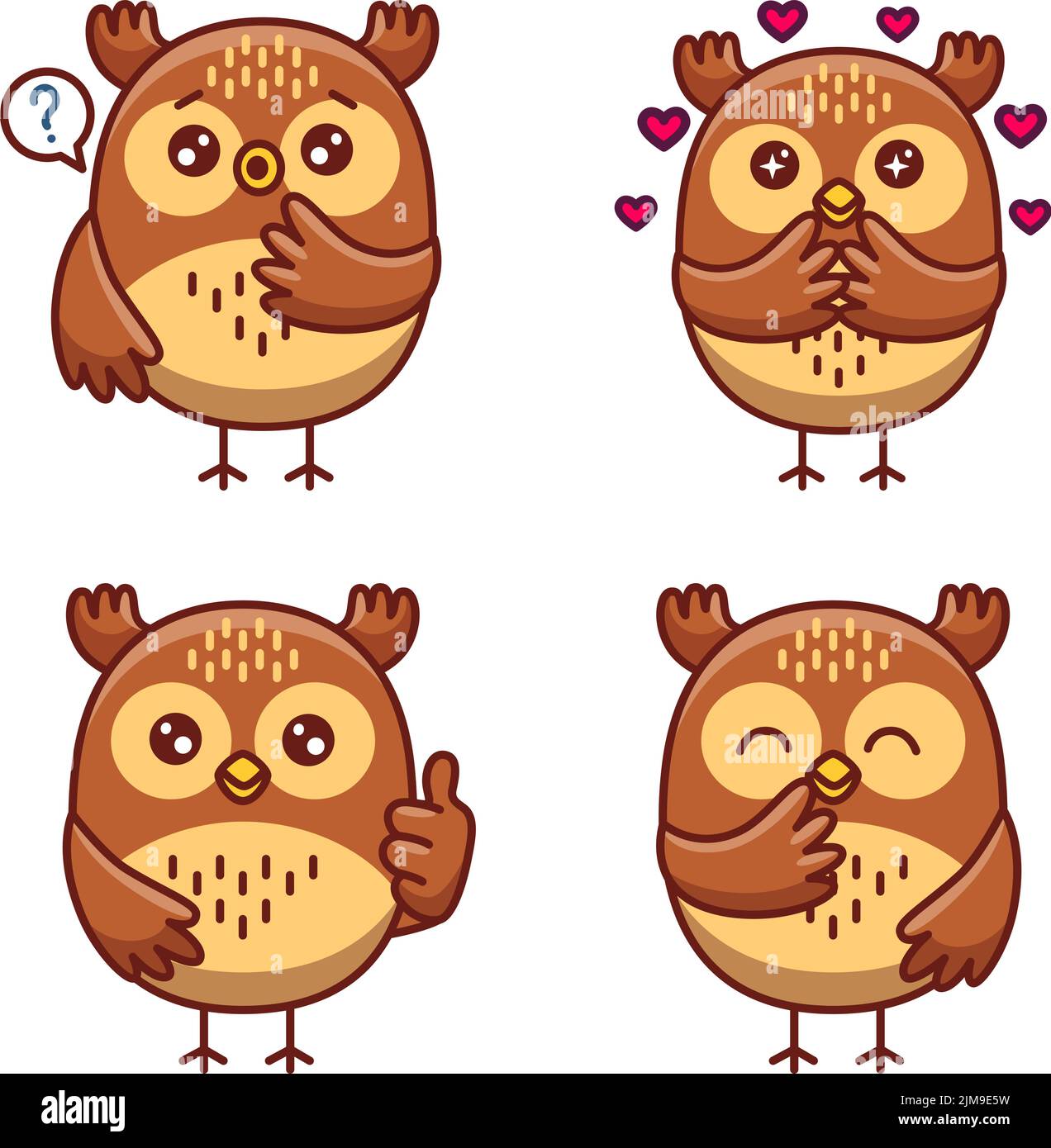 Set of cute hand-drawn little owls asking questions, feeling love, showing thumb up, laughing Stock Vector