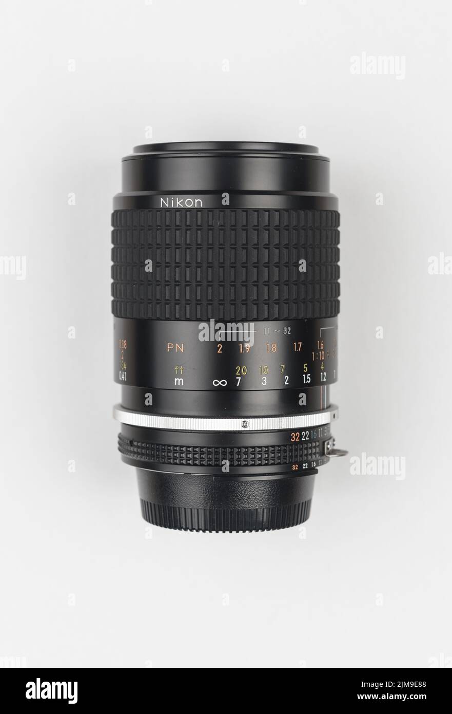 Nikon Micro-NIKKOR 105mm 2.8 manual focus lens isolated on white background Stock Photo