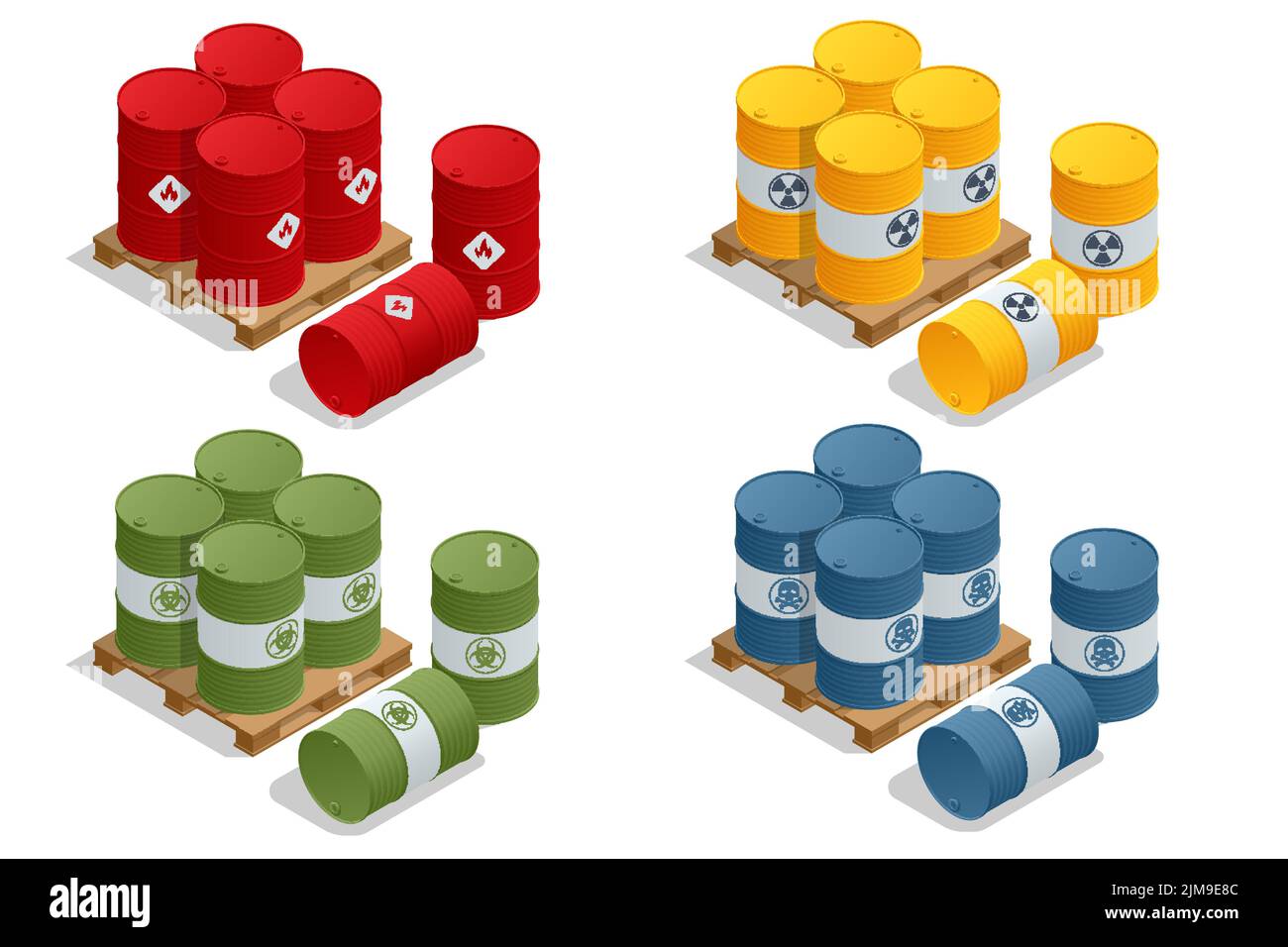 Isometric Barrels with flammable substances, Biohazard waste