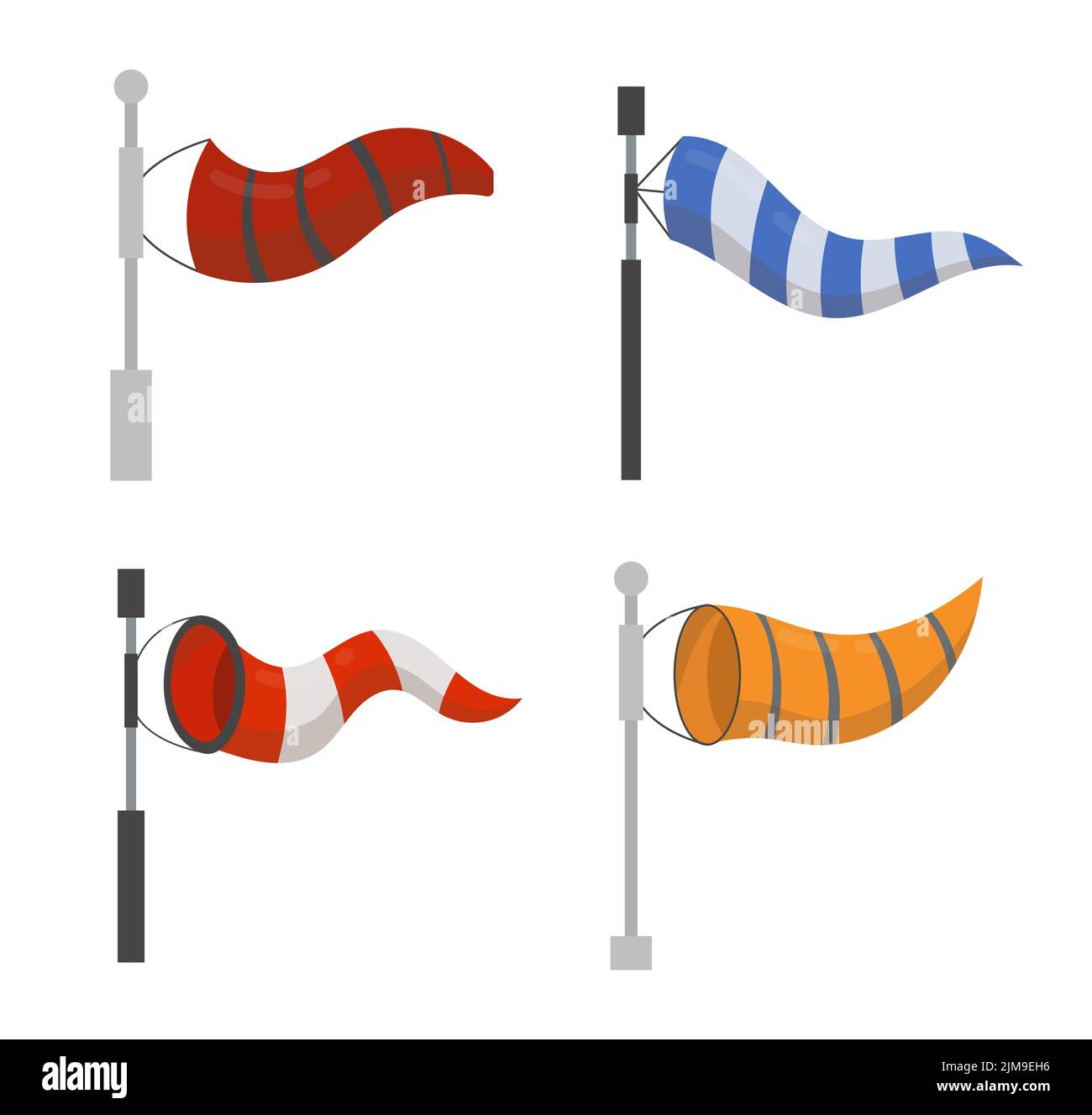 Different windsocks cartoon illustration set. Striped air sleeve or cone for indicating wind direction and velocity or speed on white background. Weat Stock Vector