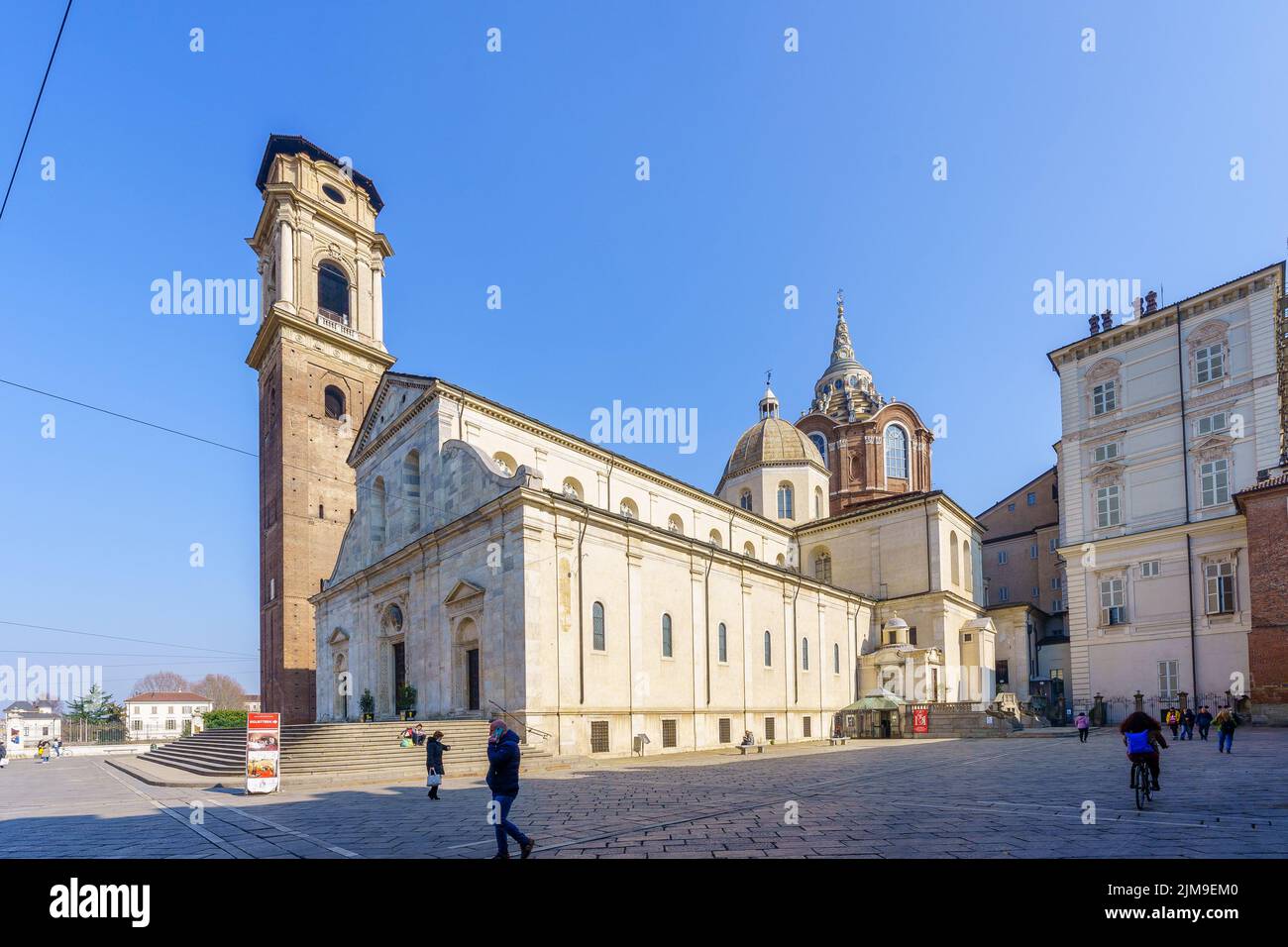 Turin, Italy - February 25, 2022: View of the Cathedral of Saint John the Baptist (Duomo), with locals and visitors, in Turin, Piedmont, Northern Ital Stock Photo