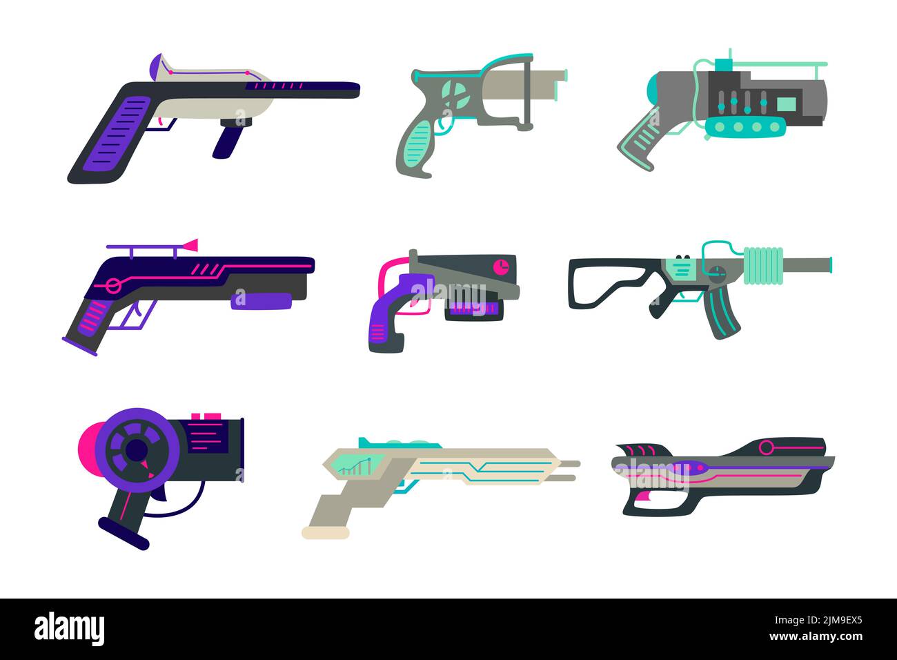 Different futuristic guns vector illustrations set. Toy pistols
