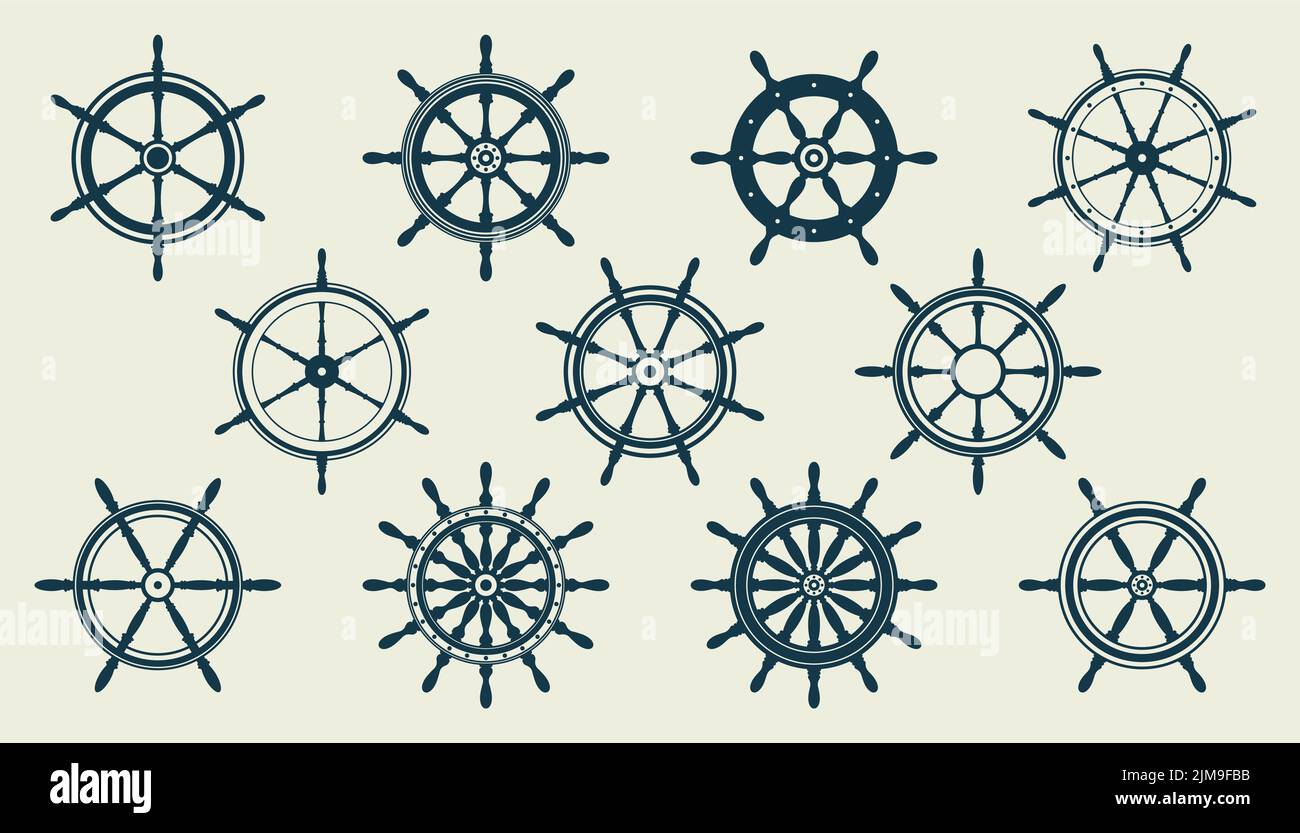 Collection of vintage steering wheels. Ship, yacht retro wheel symbol ...