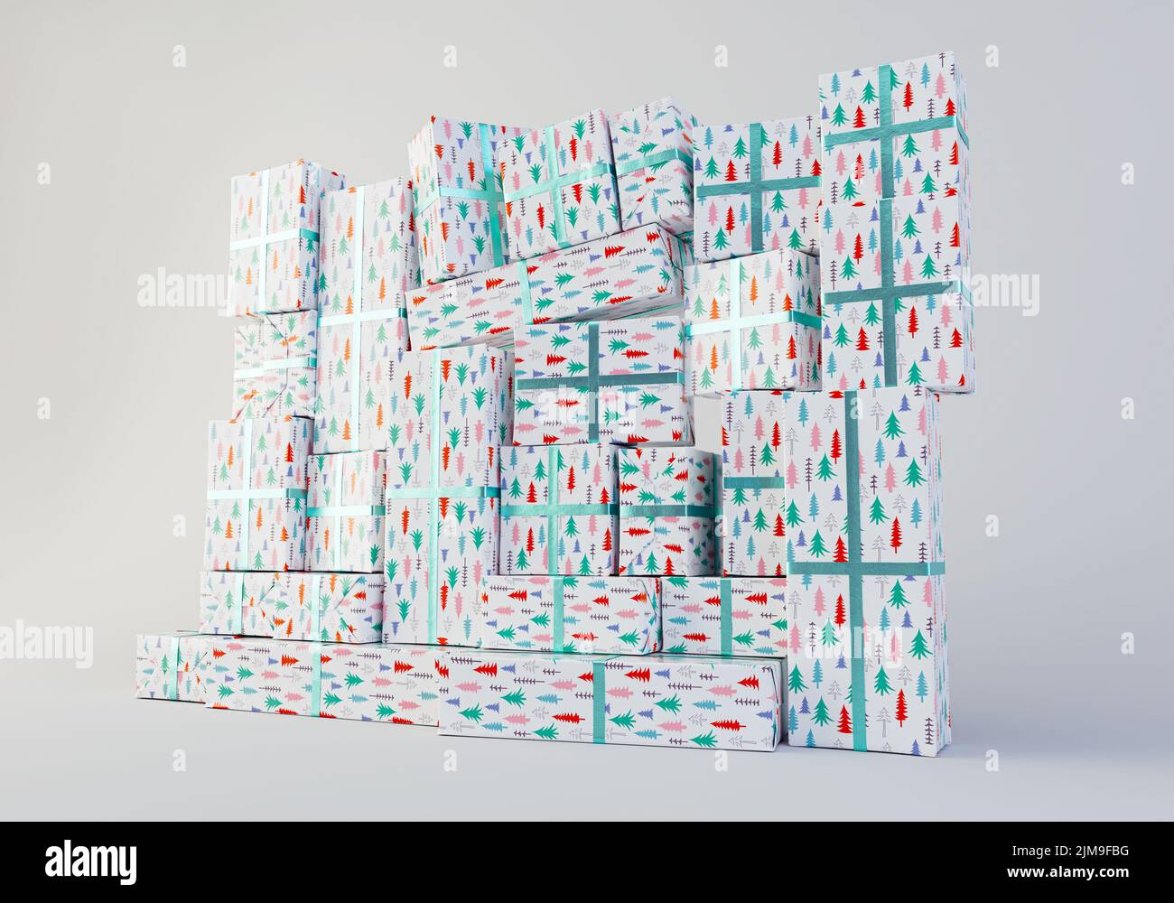 A stacked wall of different sized rectangular gift boxes wrapped in ...