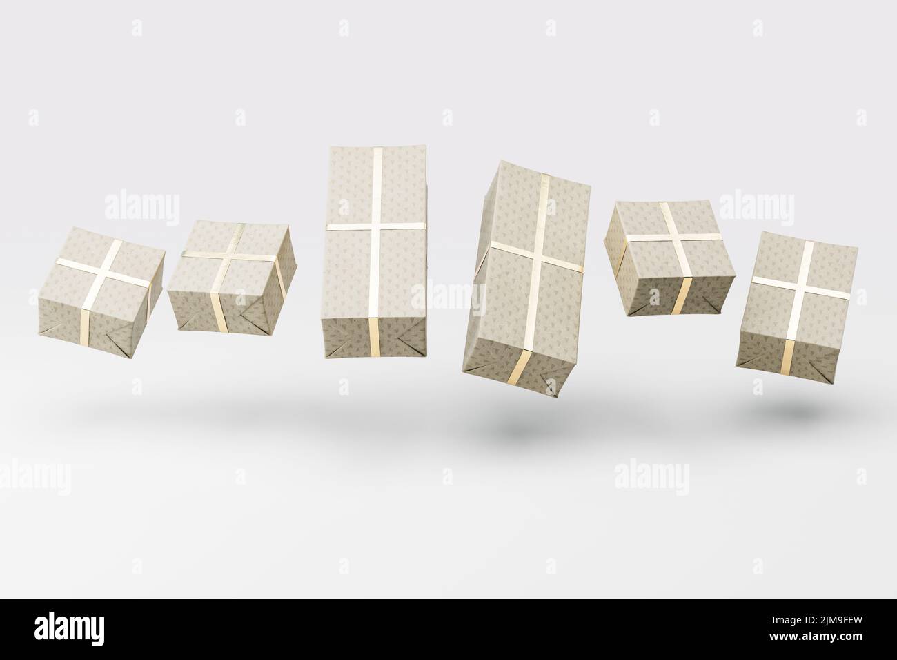 A floating collection of different sized rectangular gift boxes wrapped
