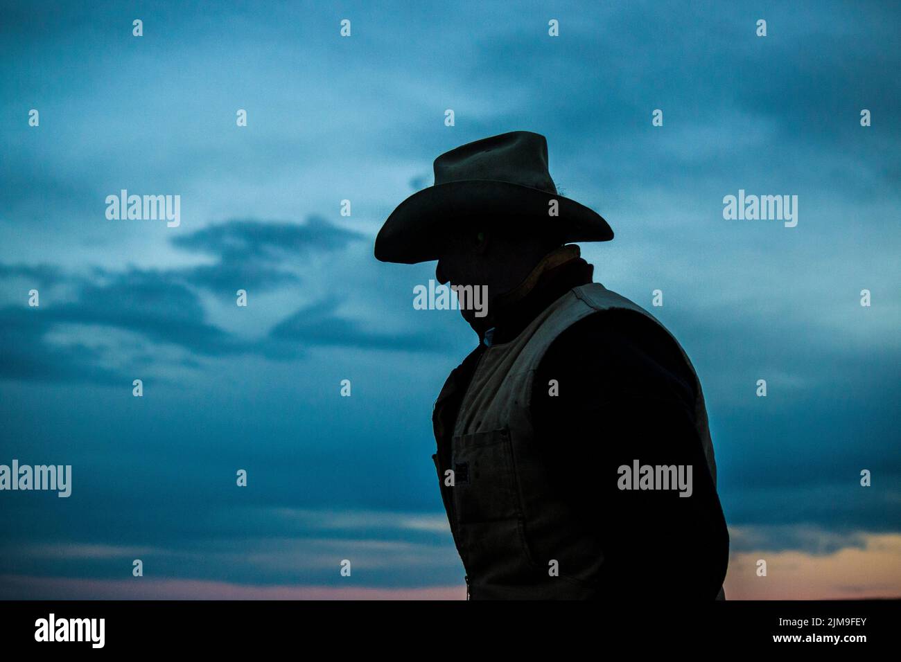 Canadian cowboy in Alberta during dusk Stock Photo