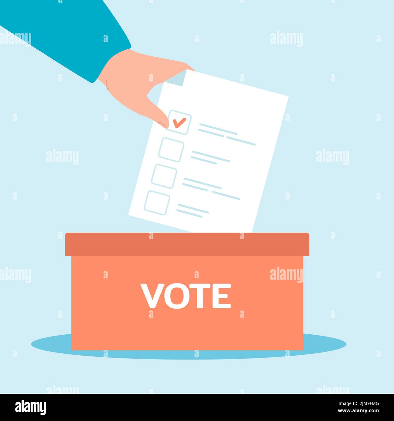 Hand putting ballot in box flat vector illustration. Male or female voter holding voting paper of his choice. Election, decision, democracy, campaign, Stock Vector