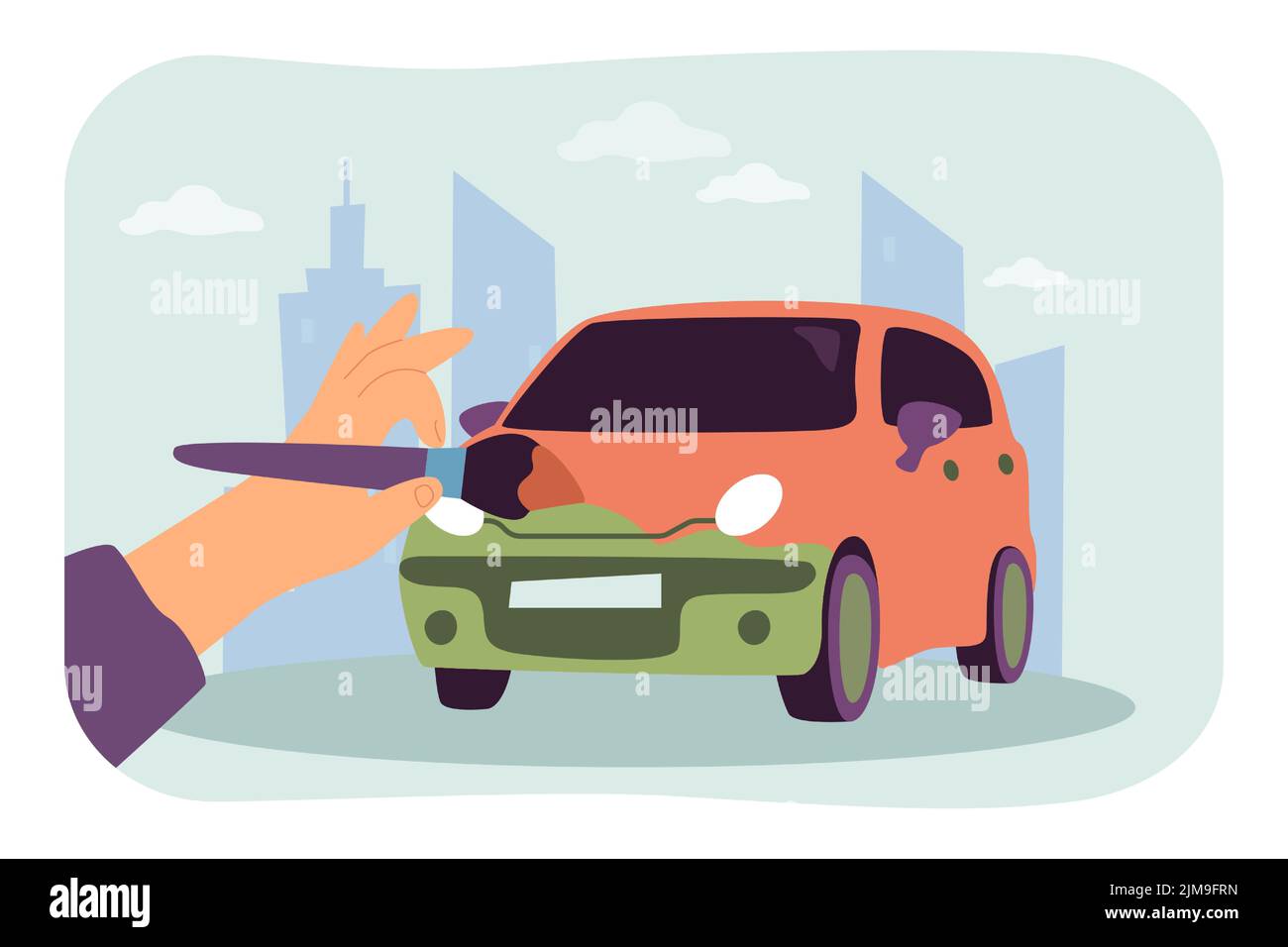 Hand of painter painting car with brush. Vehicle color change by person