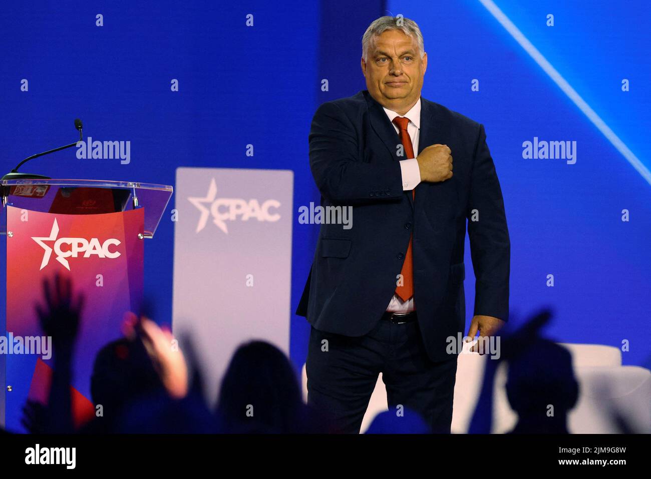 Viktor Orban, Prime Minister of Hungary,  gestures to the audience after speaking at the Conservative Political Action Conference (CPAC) in Dallas, Texas, U.S., August 4, 2022.  REUTERS/Brian Snyder Stock Photo