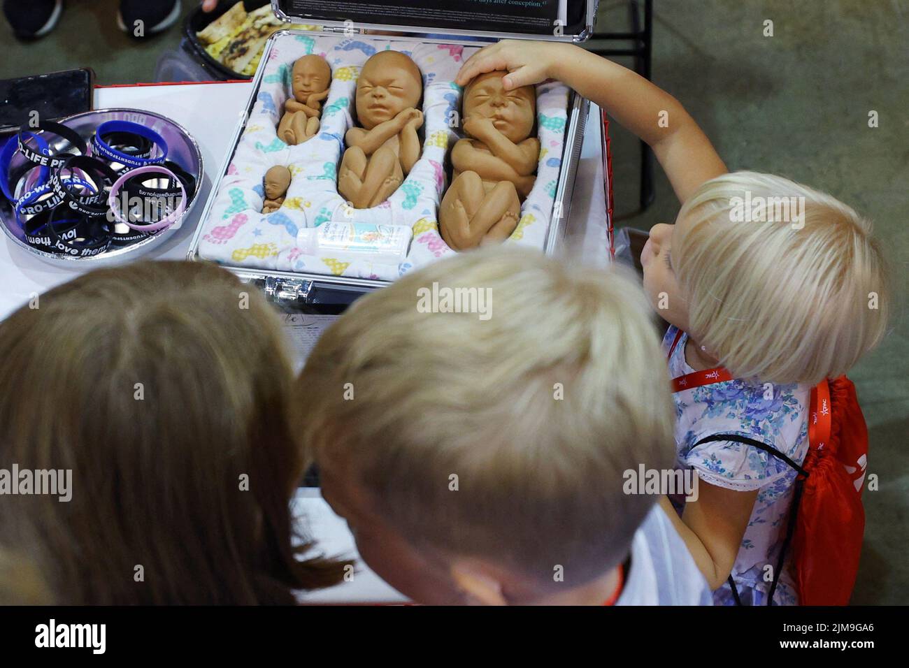 Children look at and touch models of fetuses displayed at by the Students for Life, who oppose abortion, at the Conservative Political Action Conference (CPAC) in Dallas, Texas, U.S., August 4, 2022.  REUTERS/Brian Snyder Stock Photo