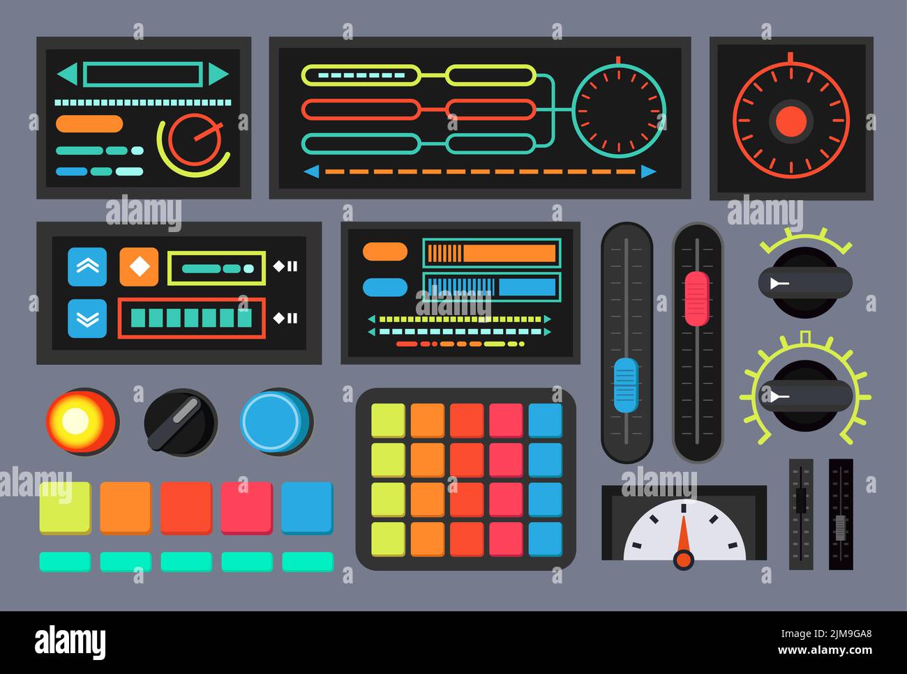 Switches and buttons on control panel vector illustrations set. Retro