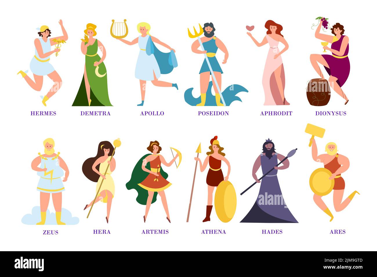 Ancient Greek gods and goddesses cartoon illustration collection. Zeus, Poseidon, Athena, Dionysus, Aphrodite, Demetra characters isolated on white ba Stock Vector
