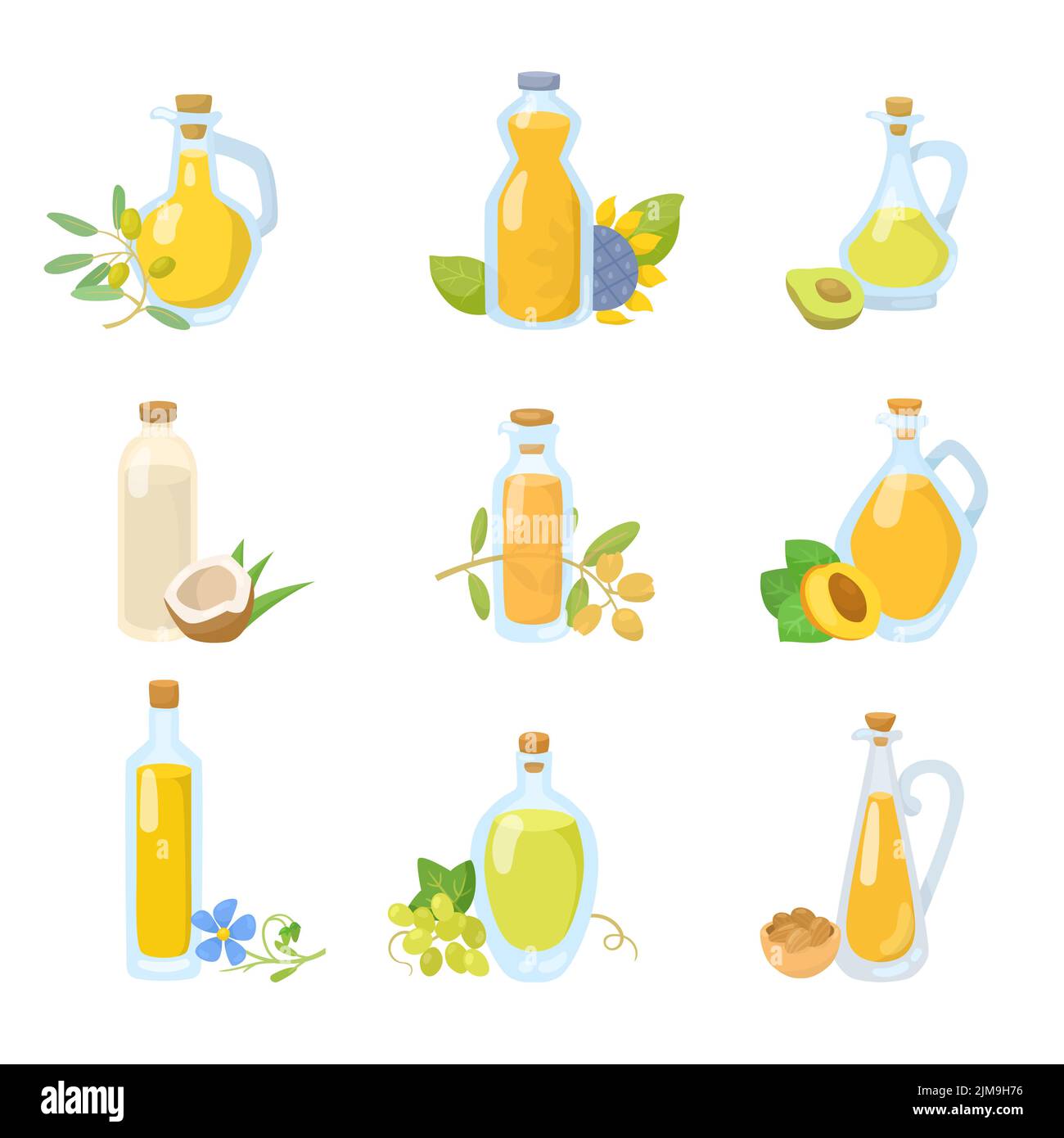 Glass bottles of vegetable oils cartoon illustration set. Olive