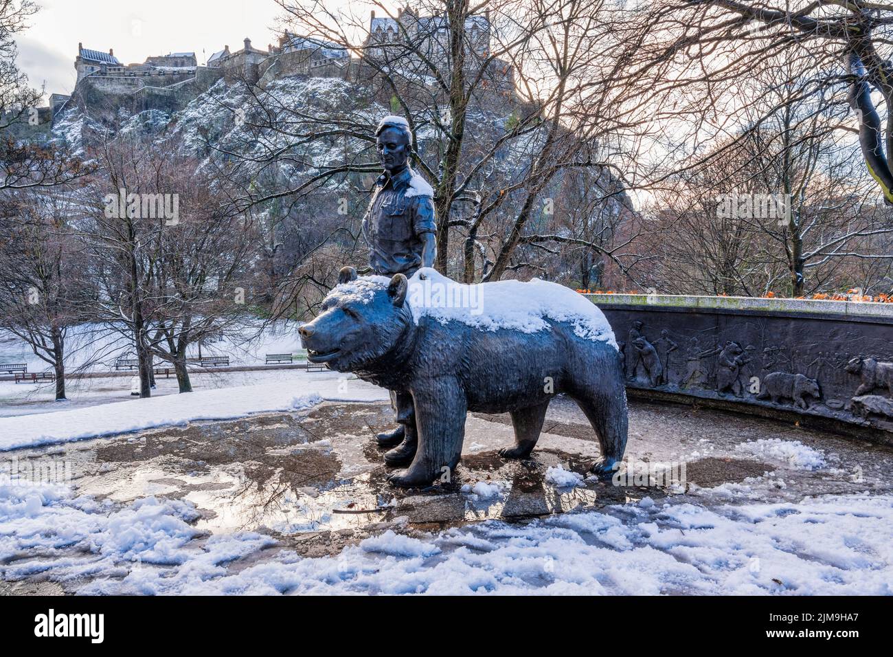 Wojtek the Soldier Bear Memorial with a covering of snow in West Princes Street Gardens in Edinburgh, Scotland, UK Stock Photo
