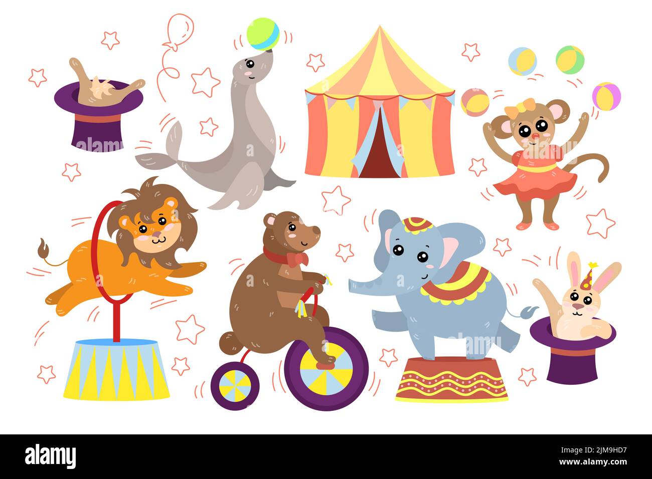 Funny circus animals doing tricks cartoon illustration set. Monkey juggling balls, bear riding bike, elephant standing on stage, rabbit sitting in hat Stock Vector