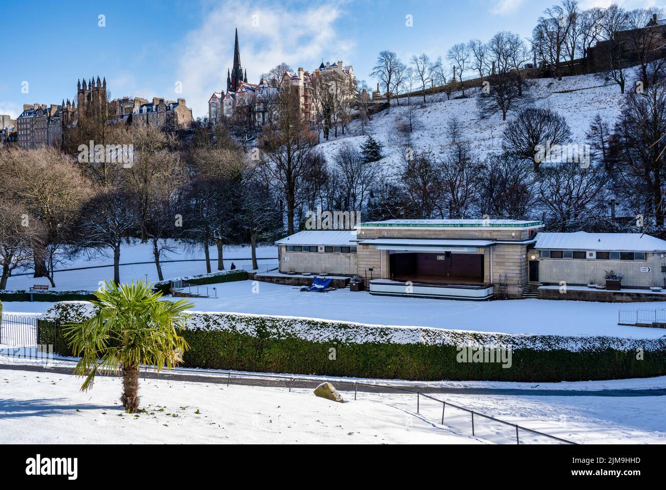 The Ross Bandstand (or Ross Theatre as it is also known) with a covering of snow in West Princes Street Gardens in Edinburgh, Scotland, UK Stock Photo