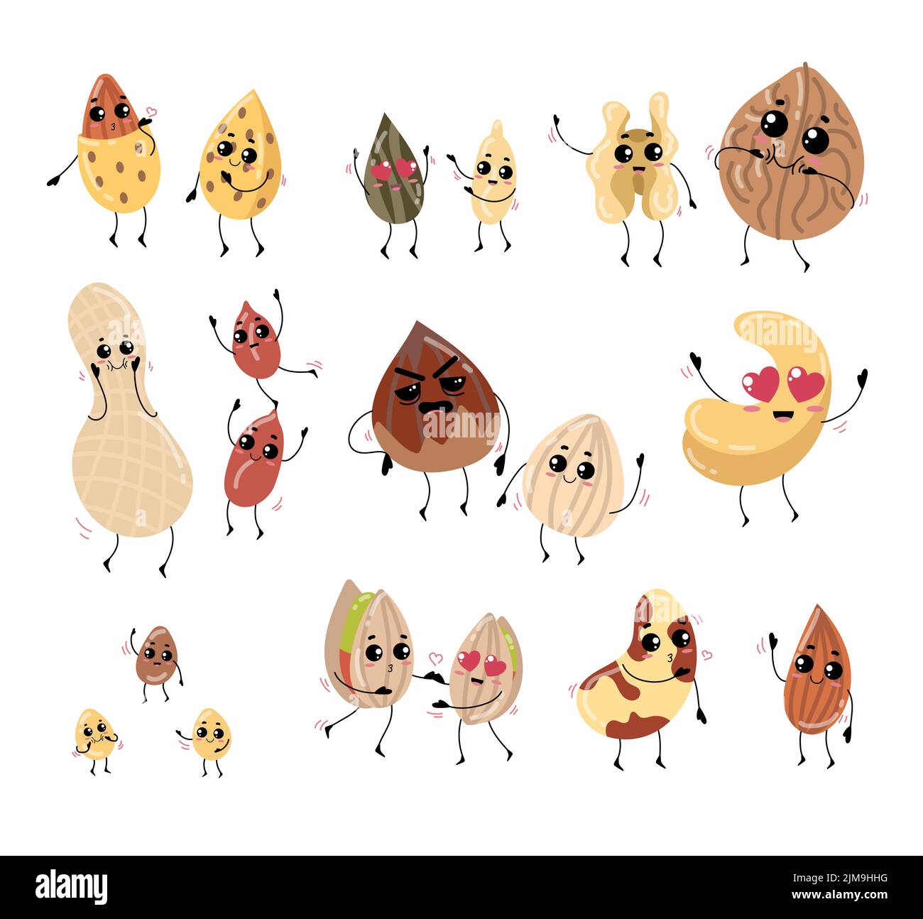 Funny nuts with cute faces cartoon illustration set. Walnut in shell